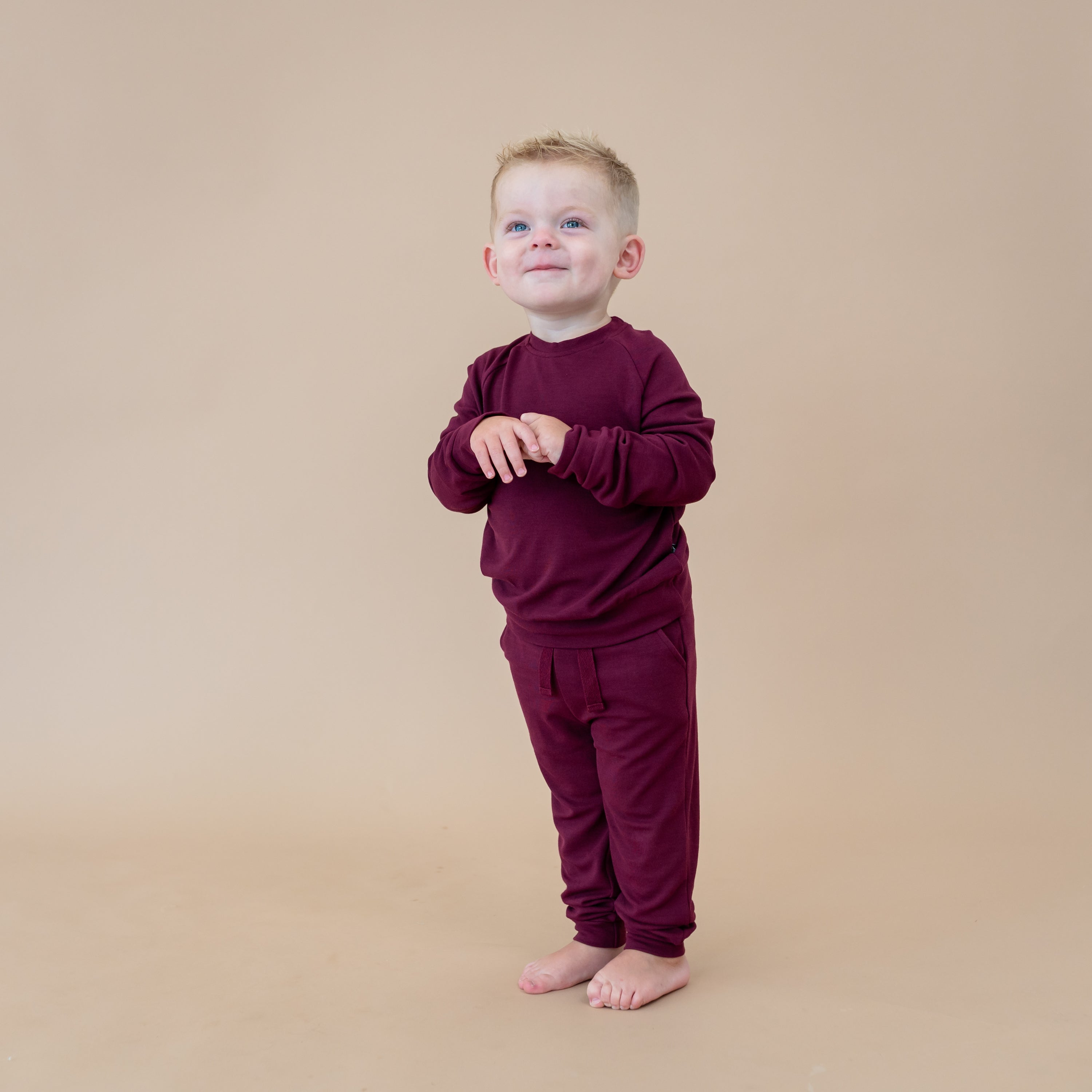 Toddler wearing Bamboo Jersey Jogger Set in Burgundy