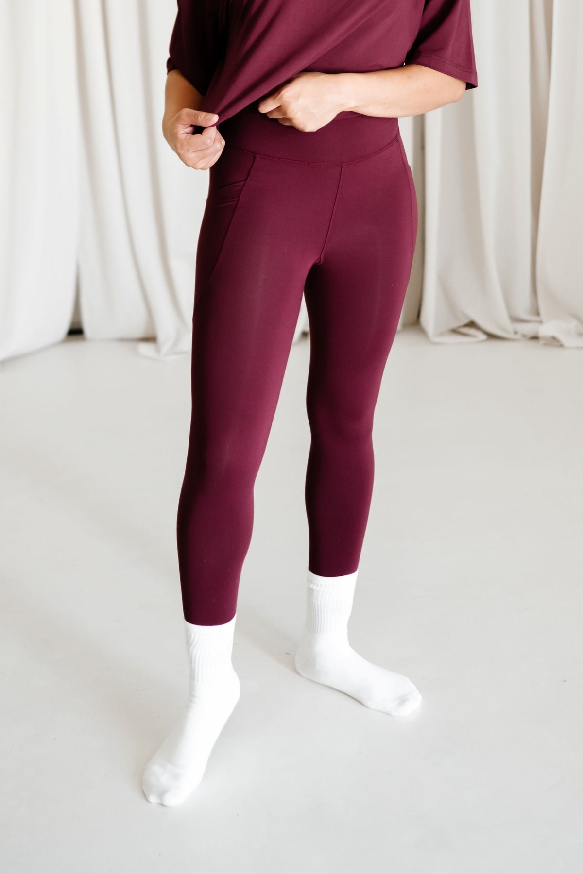 Bamboo Flex Women’s Leggings in Burgundy shown on a model