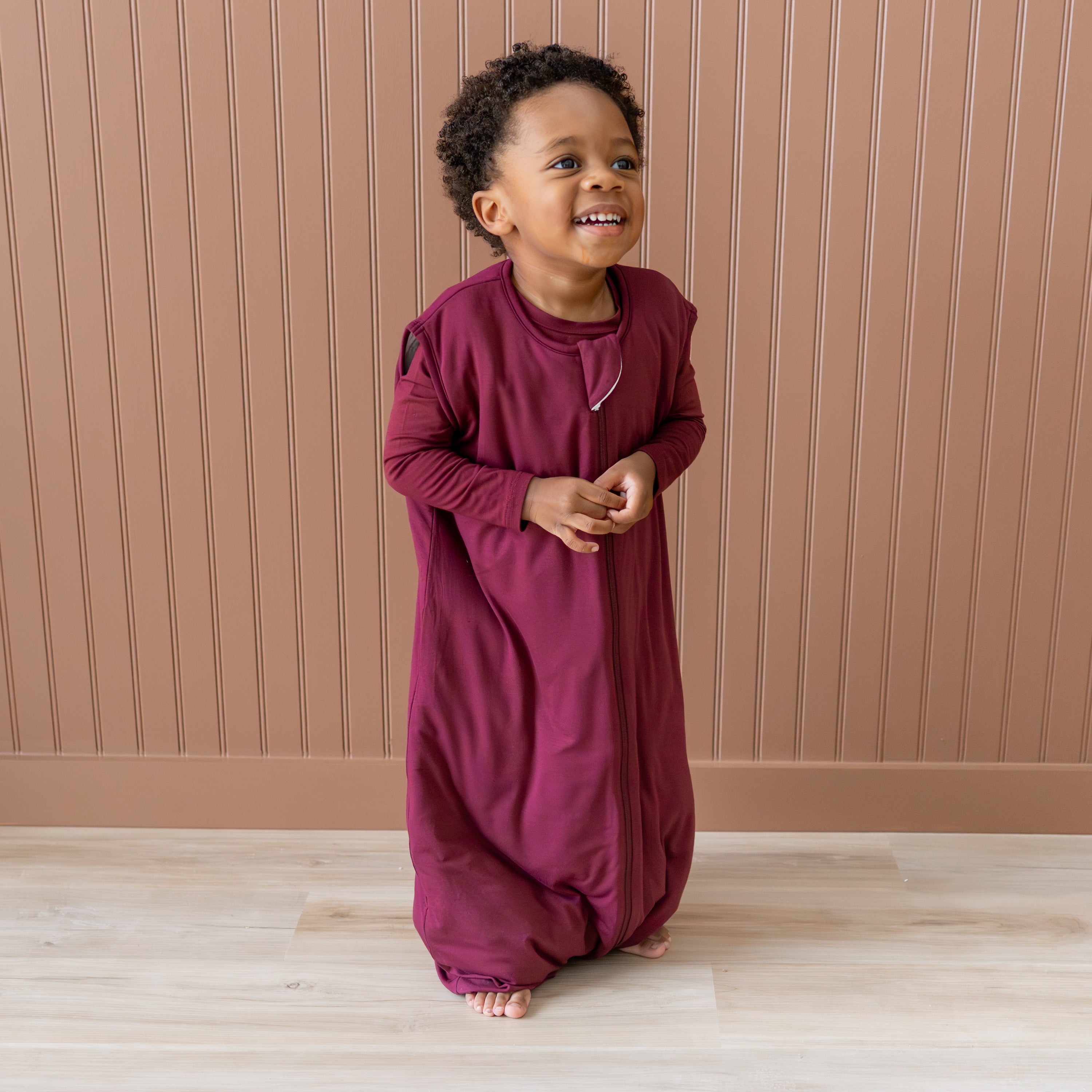 Toddler wearing Sleep Bag Walker in Burgundy 1.0