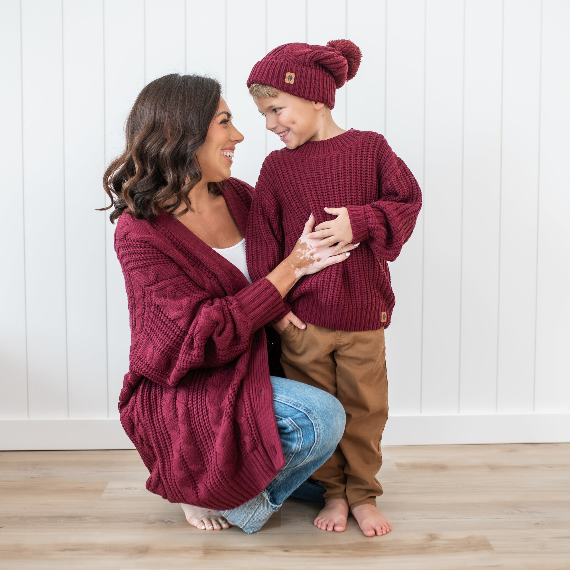 Mother and son matching in Chunky Knit Burgundy items
