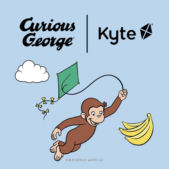 Curious George and Kyte collaboration graphic on a light blue background, featuring the Curious George logo, Kyte logo, a green kite, banana, and cloud with the cartoon monkey flying.