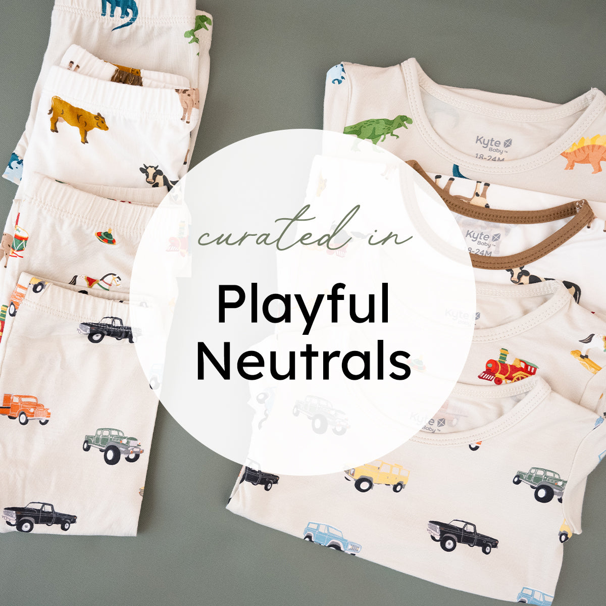 A styled flat-lay of children's neutral-toned clothing with colorful animal and vehicle prints, overlaid with a large white circular badge reading 'curated in Playful Neutrals.' No person, animal, or real environment is present, so this is Product/Packaging rather than Lifestyle.