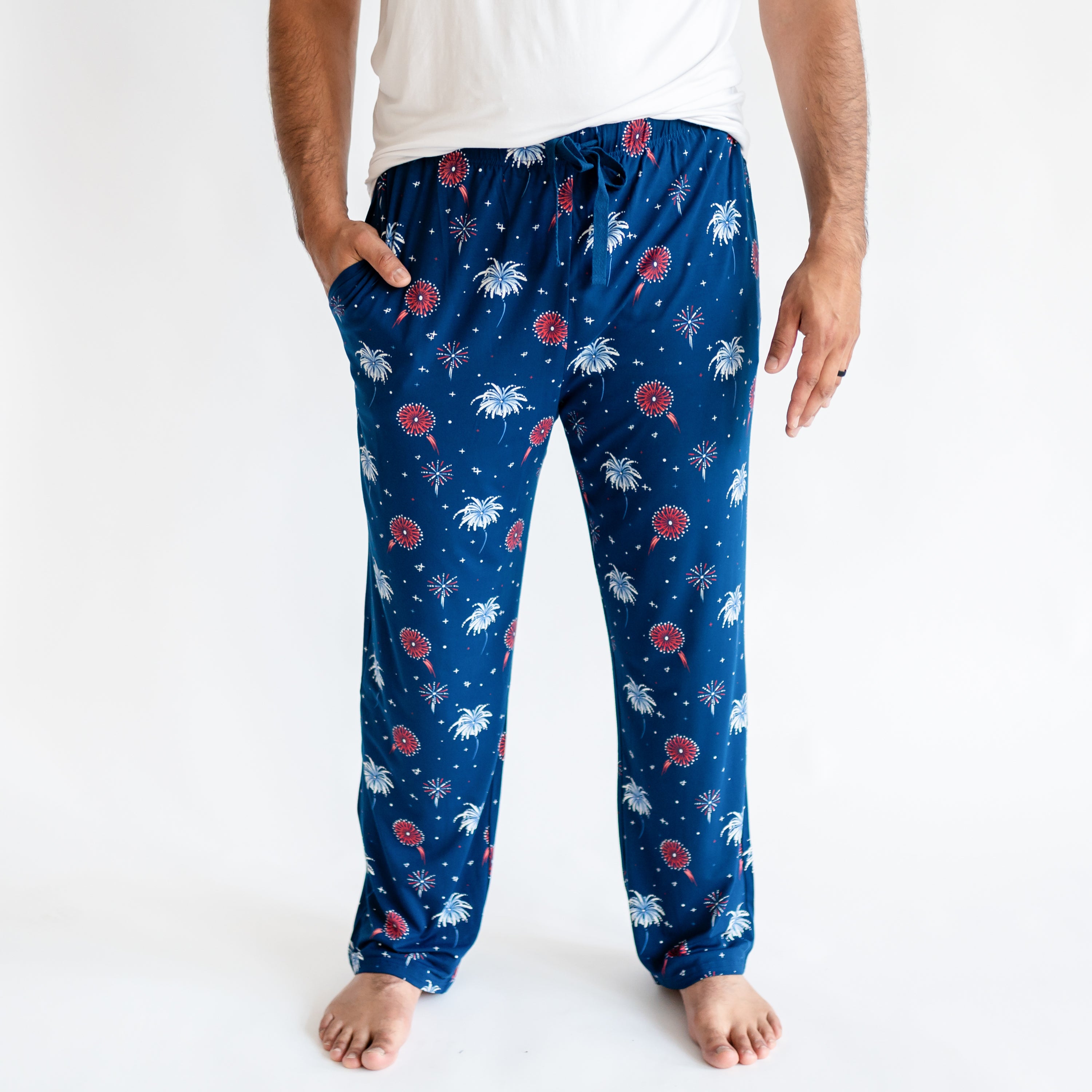 Close up of man modeling Men's Lounge Pants in Celebration