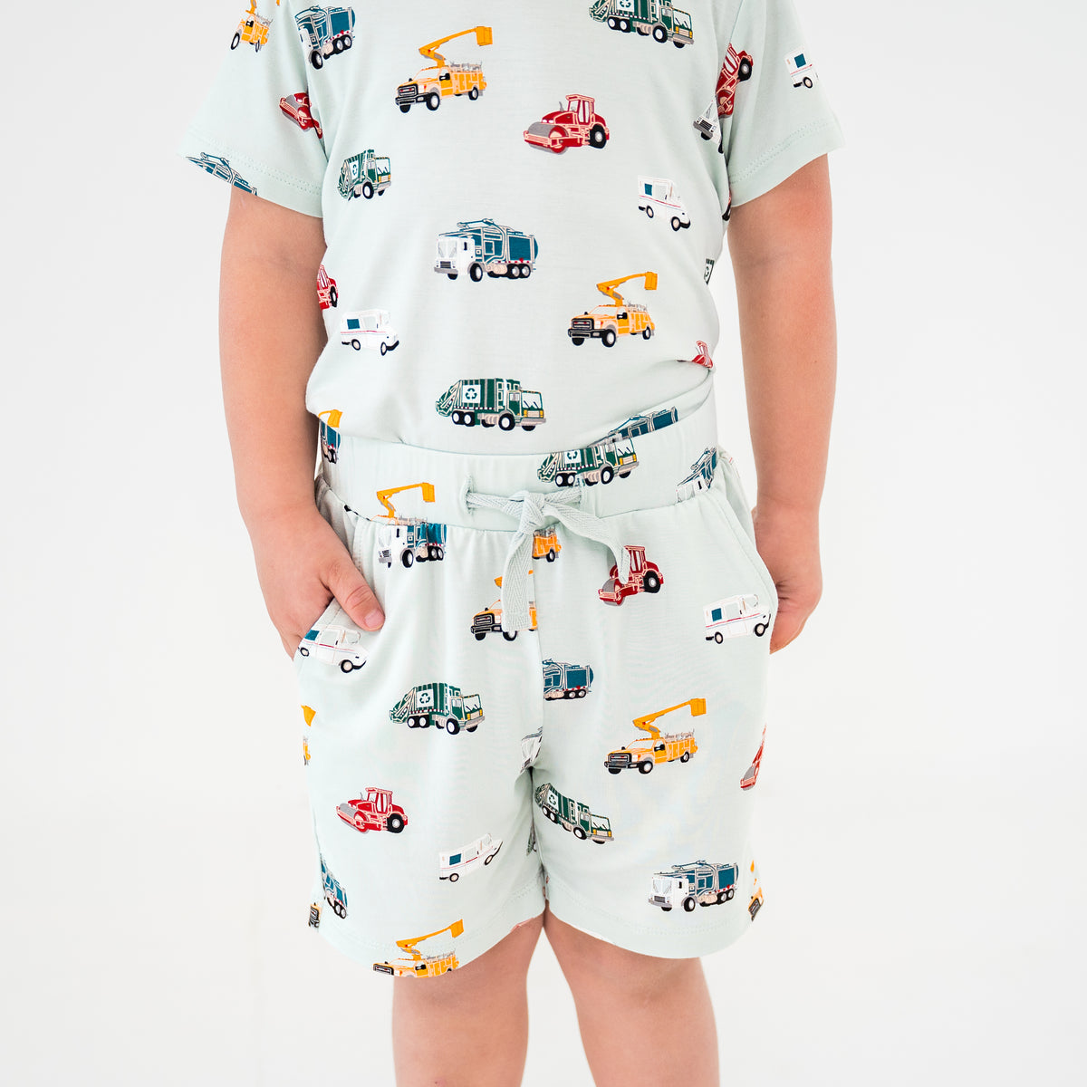 Drawstring Short in City Vehicles shown on a child model