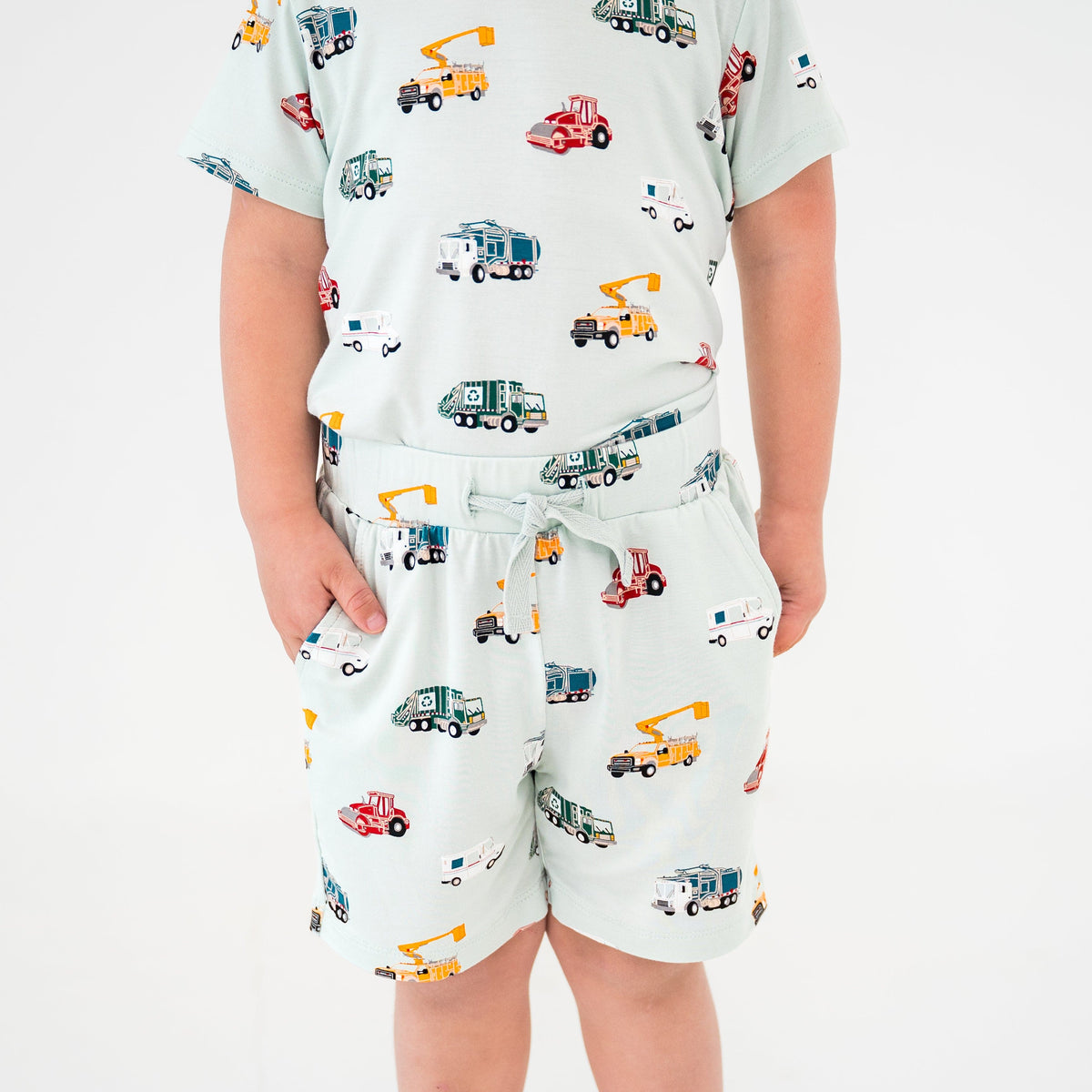Drawstring Short in City Vehicles shown on a child model