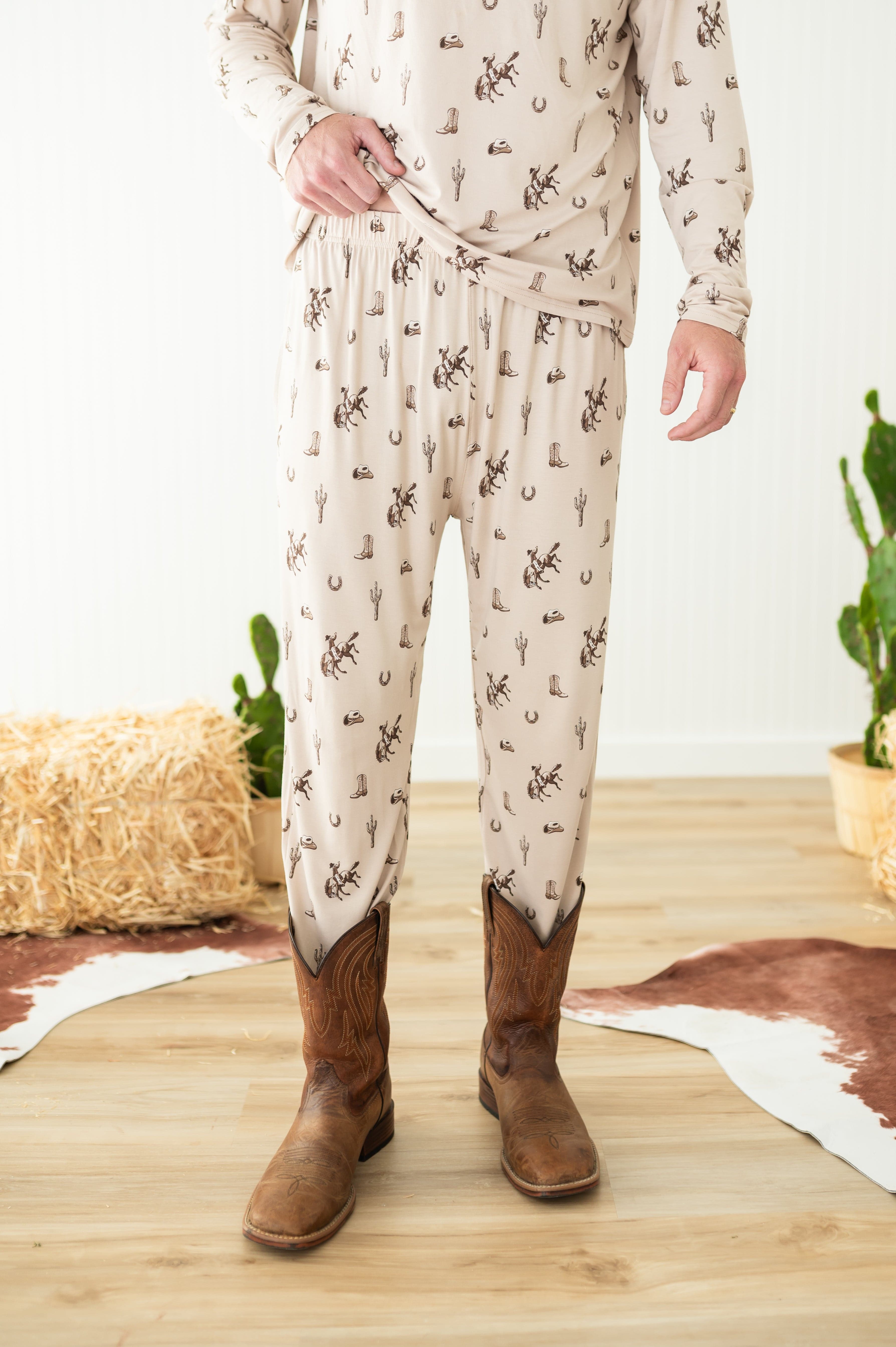 The bottoms of the Men's Jogger Set in Classic Cowboy shown on a male model