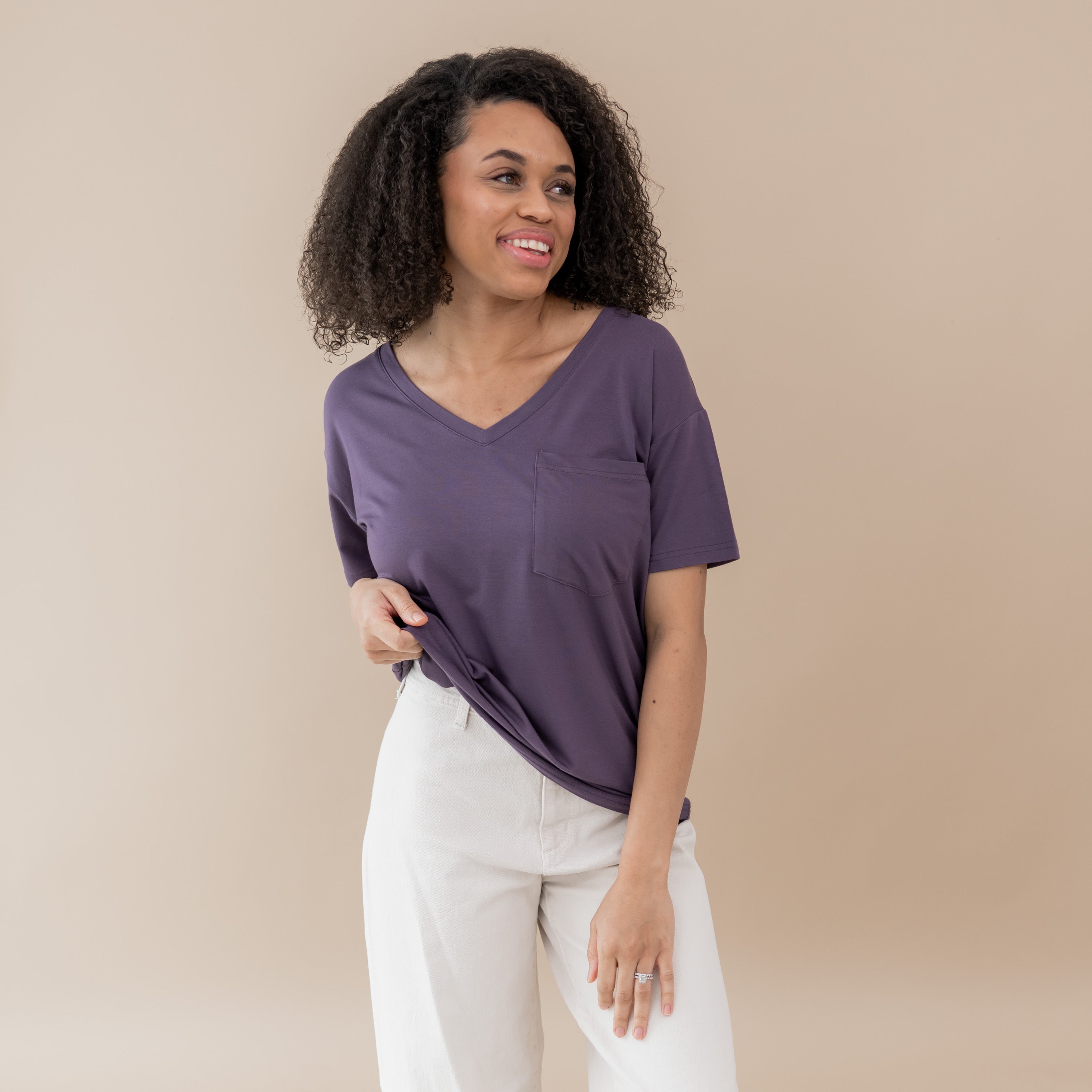 Woman modeling Women’s Relaxed Fit V-Neck in Currant