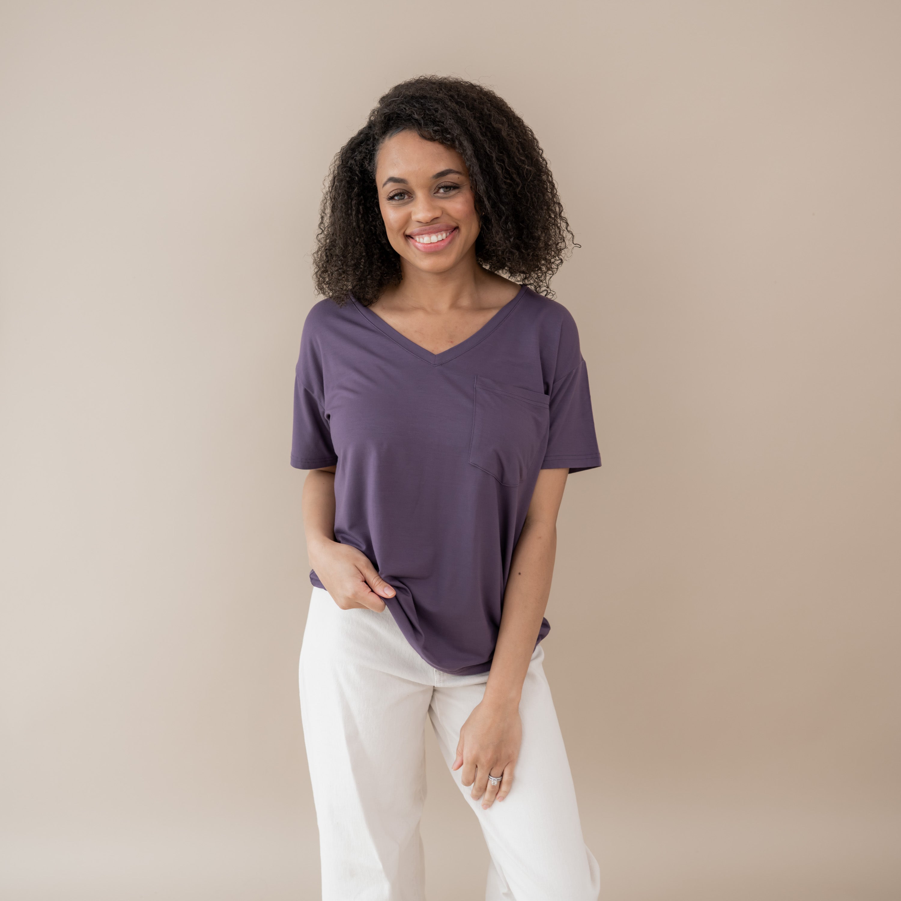 Woman modeling Women’s Relaxed Fit V-Neck in Currant