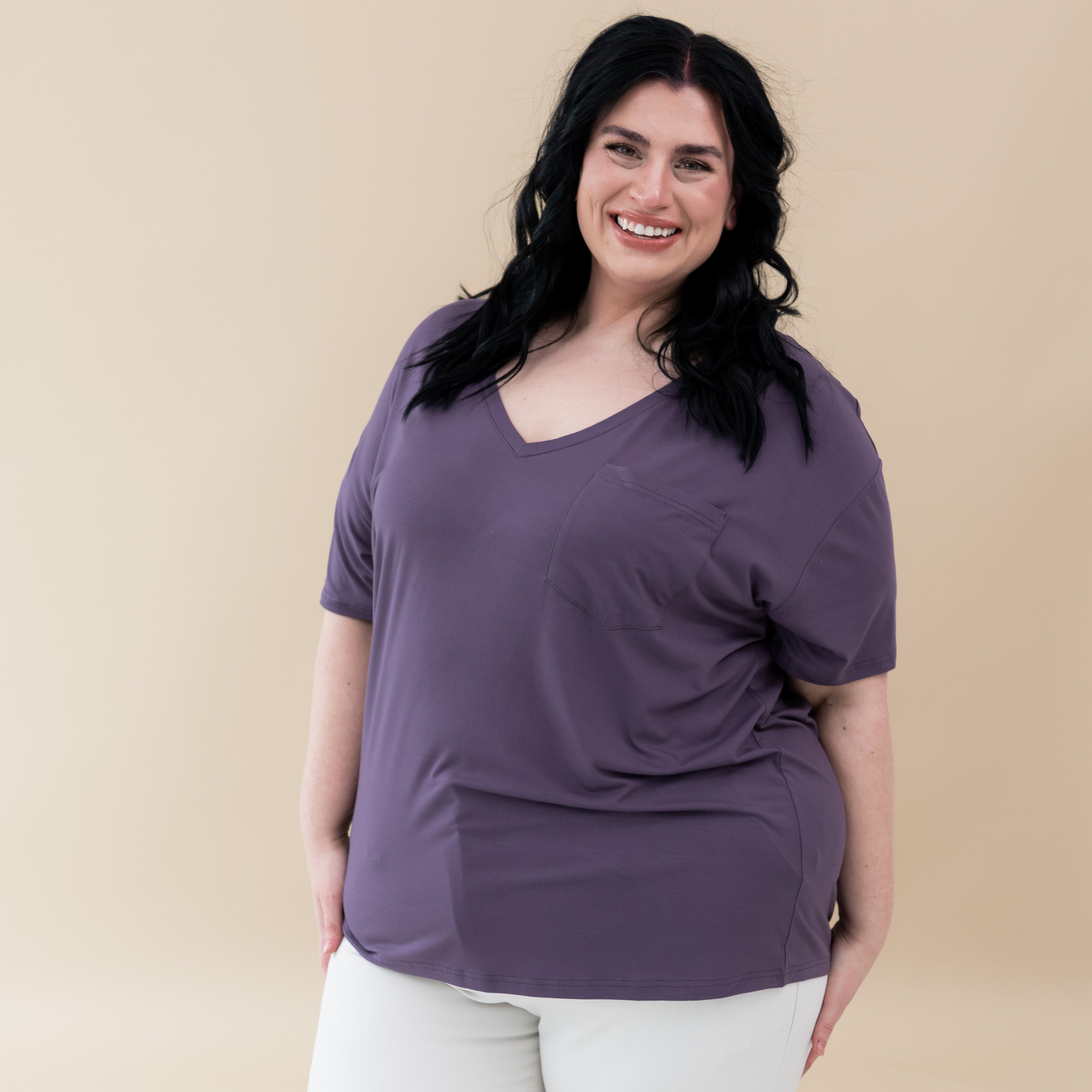 Woman modeling Women’s Relaxed Fit V-Neck in Currant