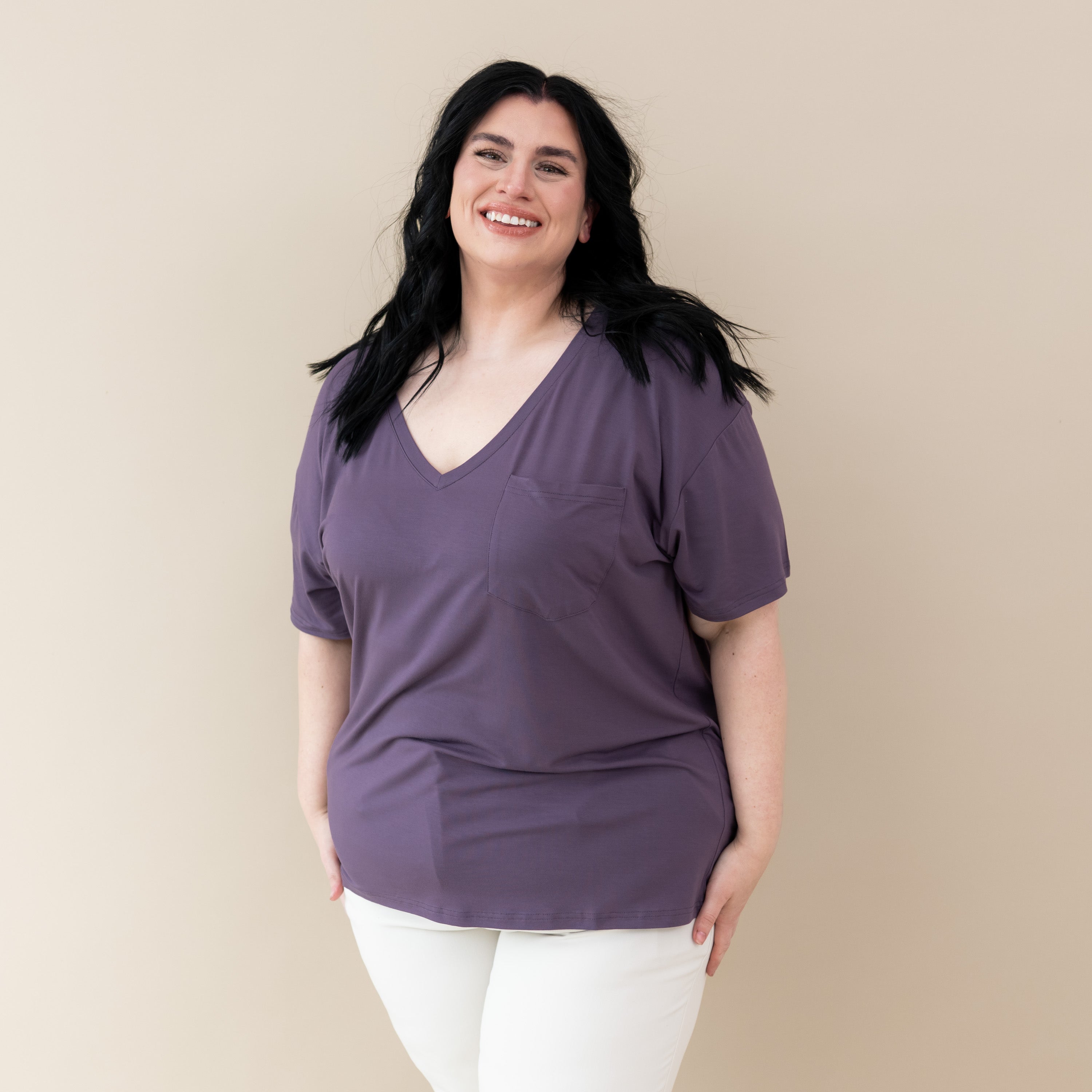 Woman modeling Women’s Relaxed Fit V-Neck in Currant