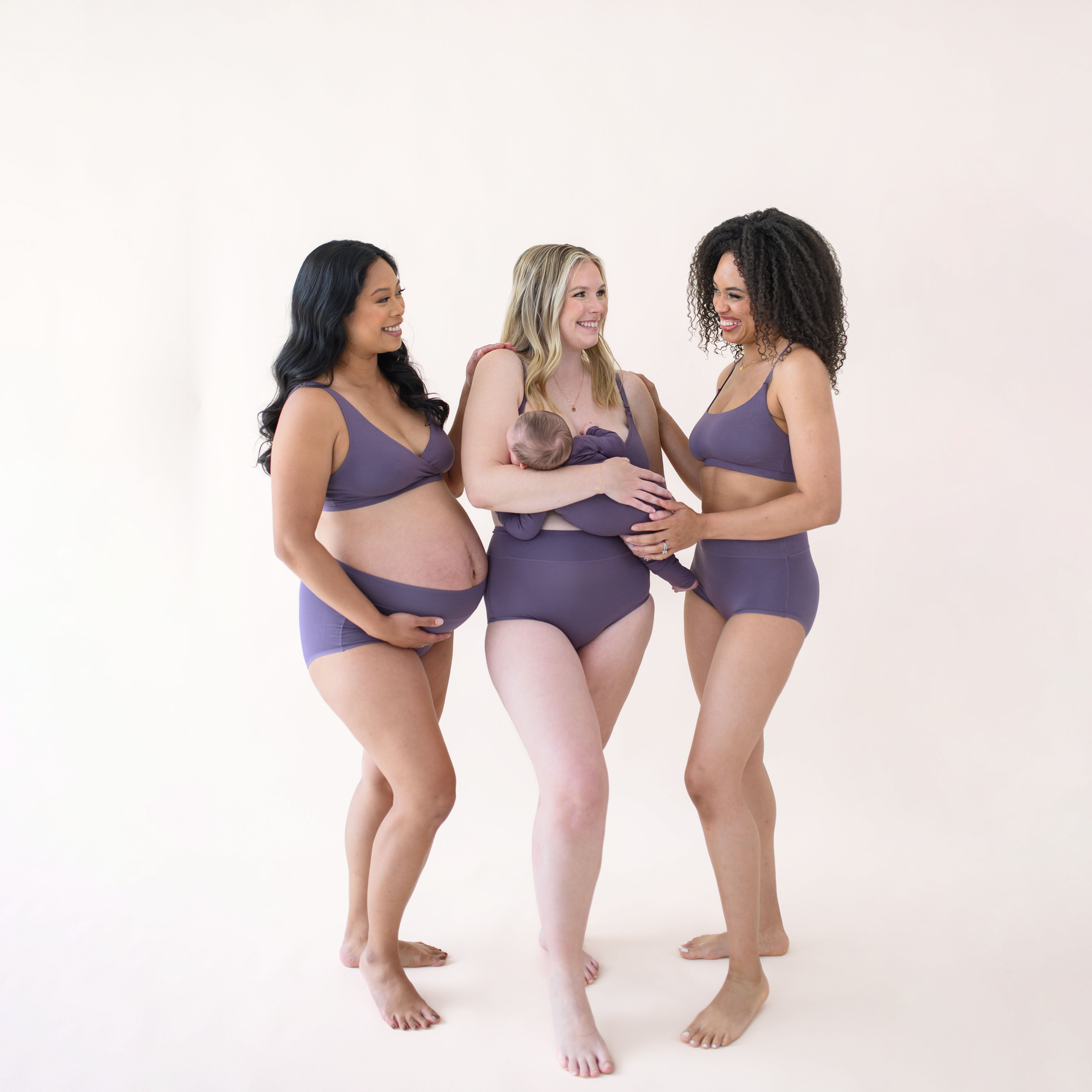 3 women modeling Kyte Intimates currant collection with different styles on