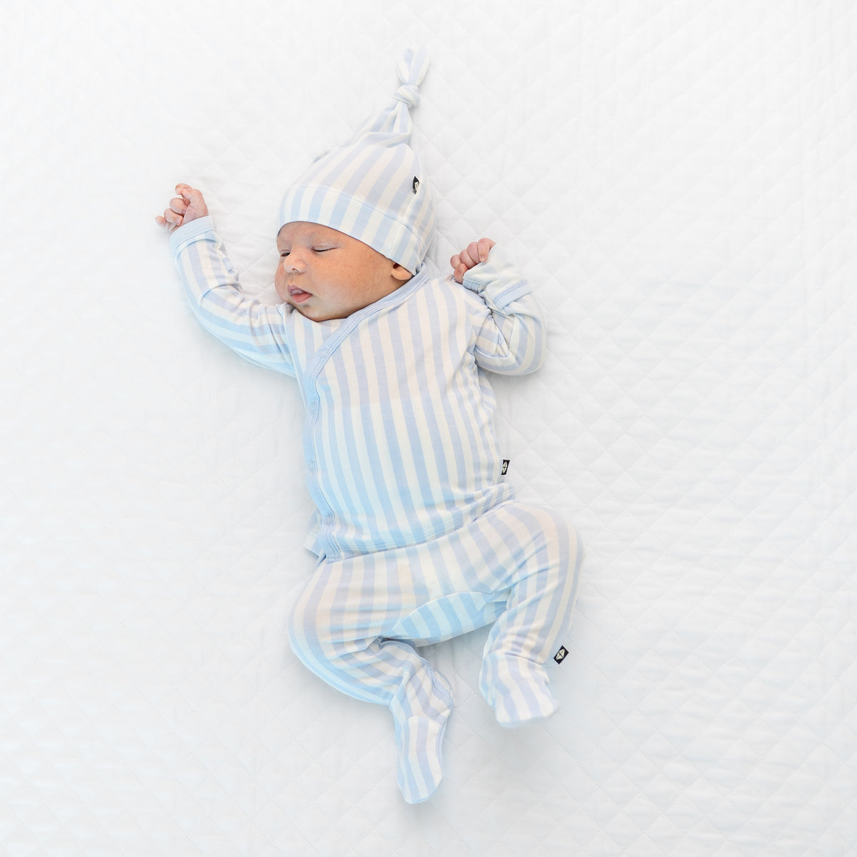 Baby wearing Take Me Home Set with Cap in Small Mist Stripe