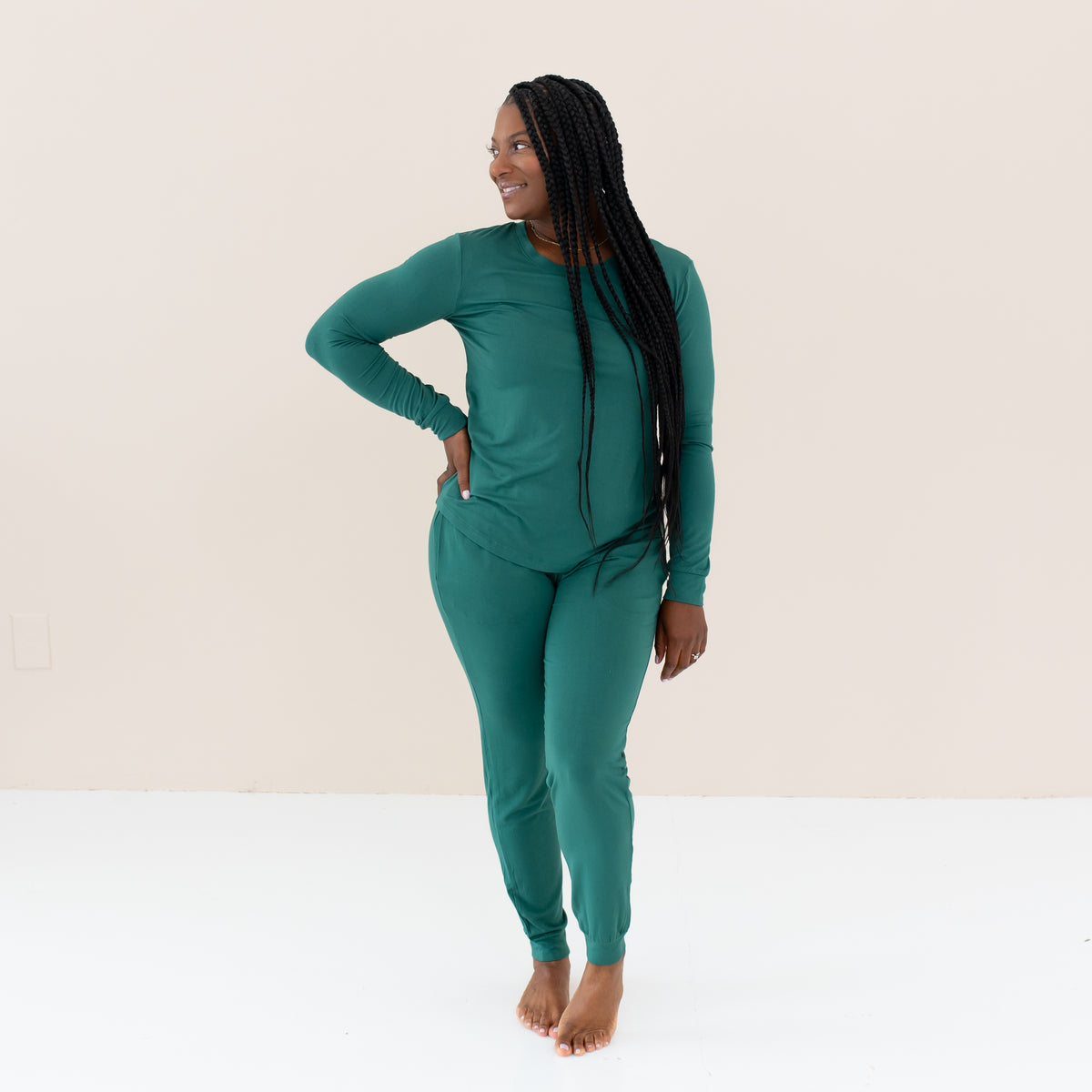 Woman modeling Women's Jogger Pajama Set in Emerald