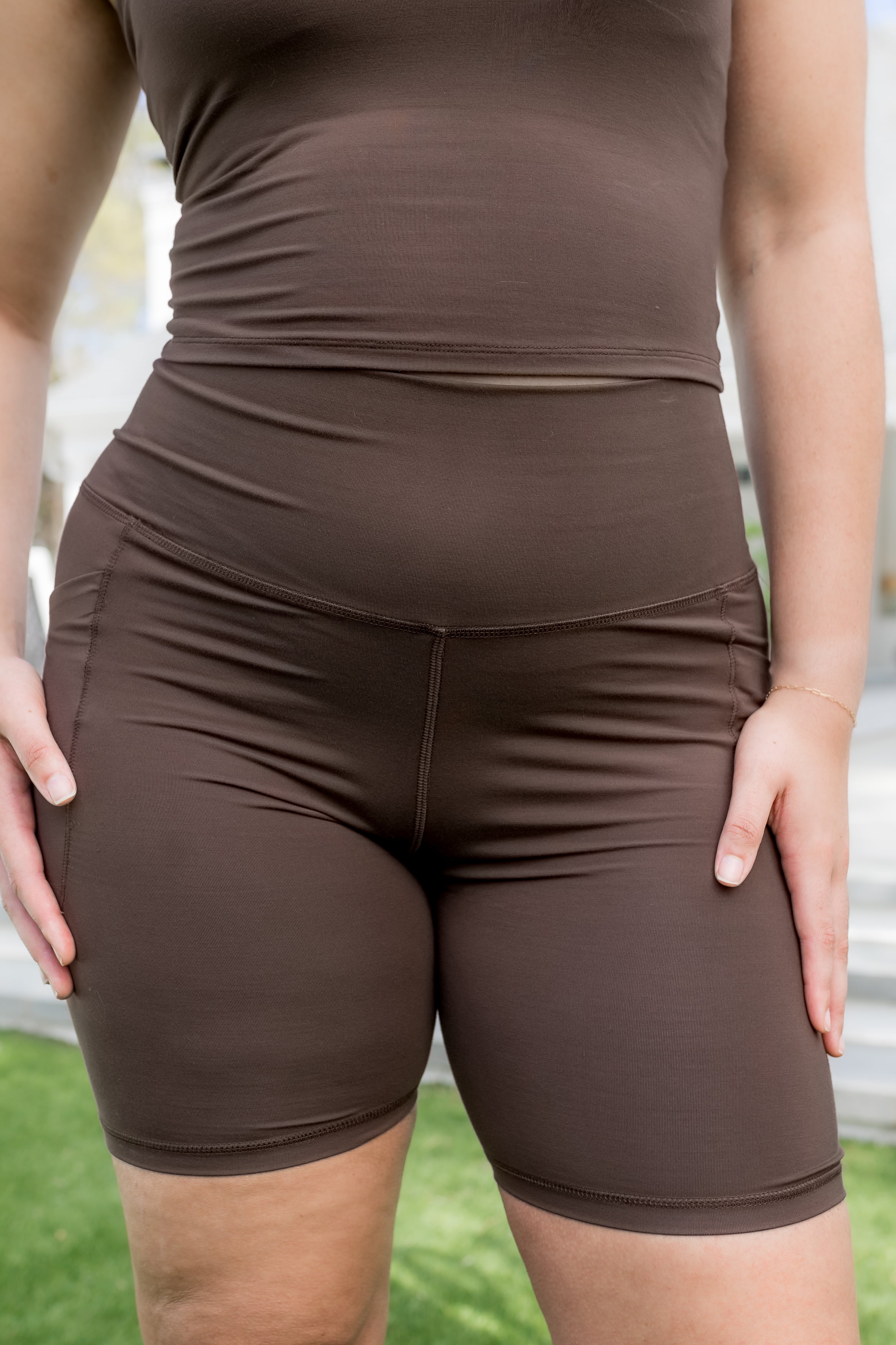 Bamboo Flex High Rise Biker Short in Espresso shown on a model