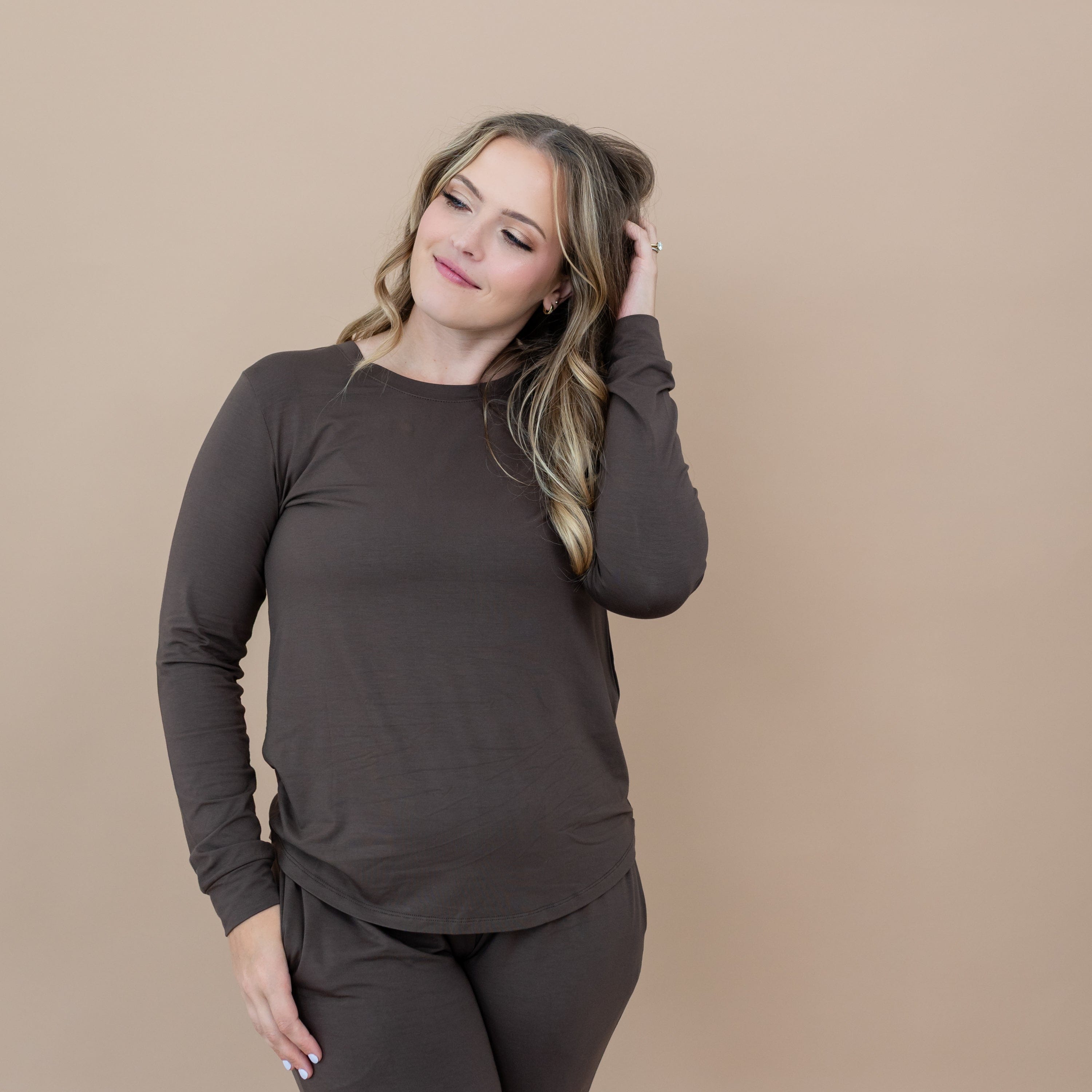 Close up of the Women's Jogger Pajama Set in Espresso top on model