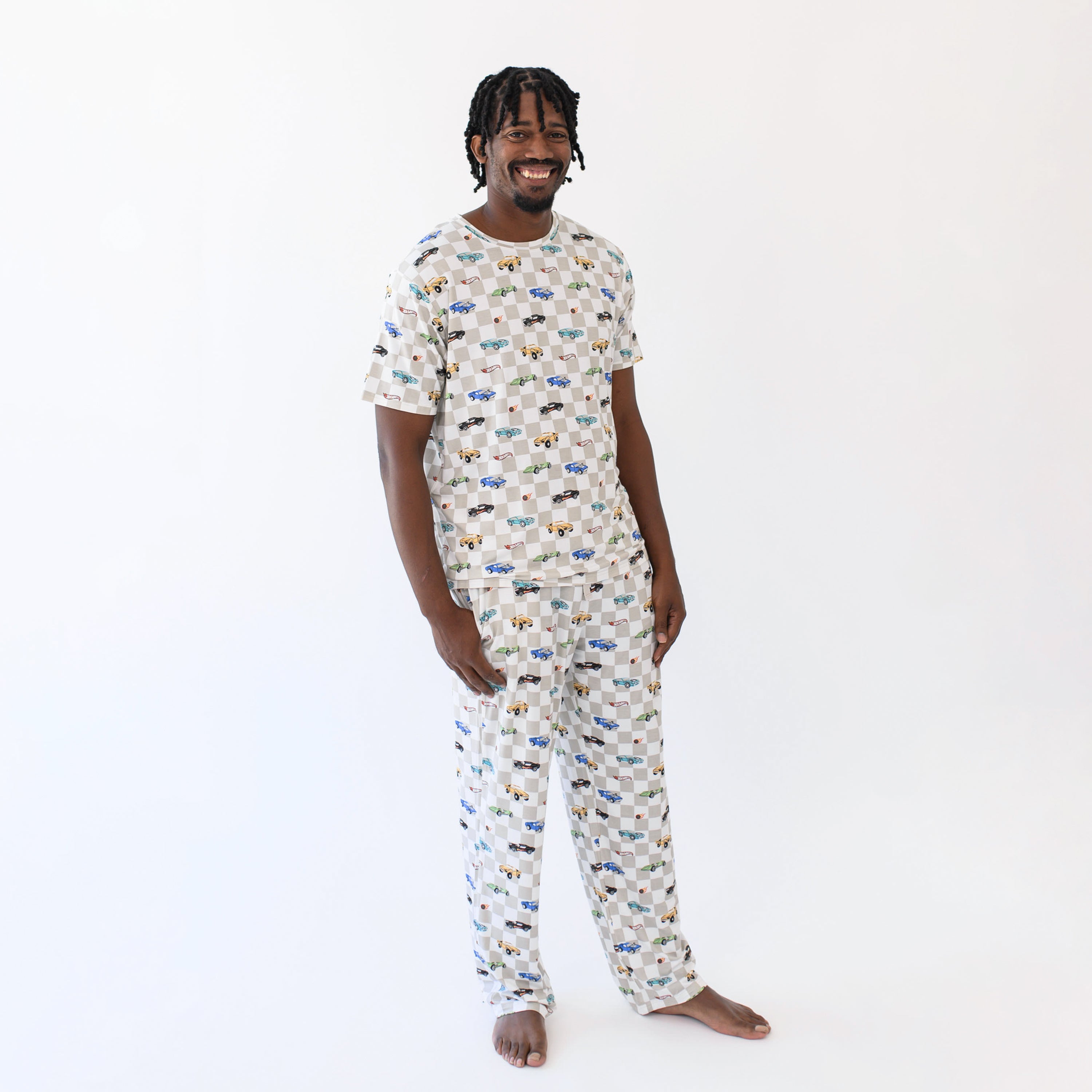 Male model wearing Men's Lounge Pants in Fast and Fierce and matching crew neck tee