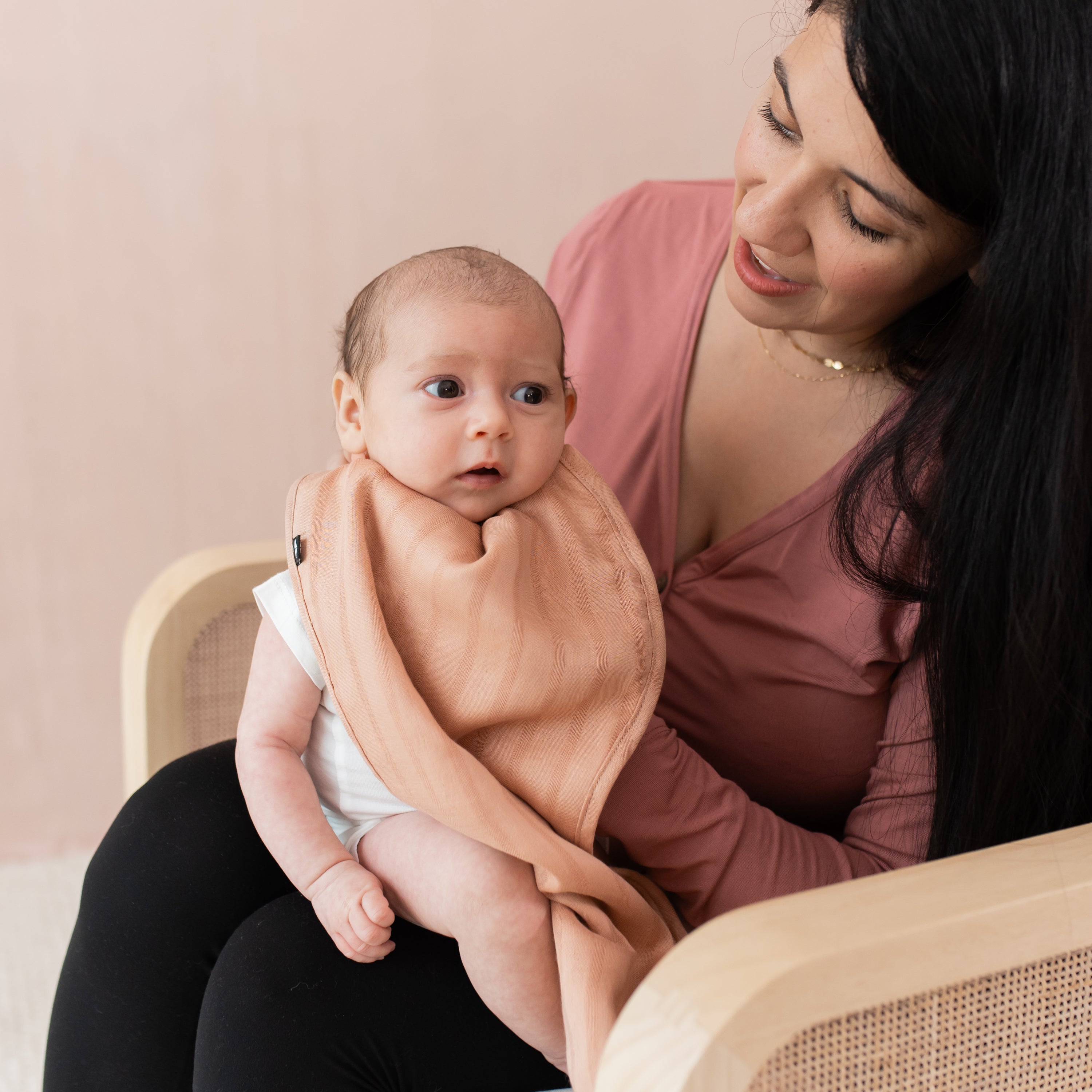 Mom burping baby using Bamboo Muslin Burp Cloth in Fawn