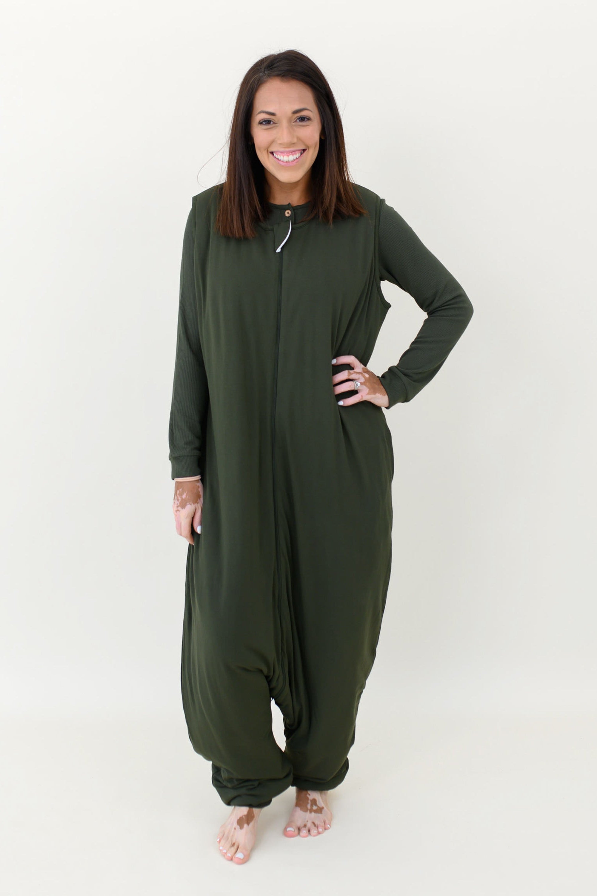 Woman modeling Adult Sleep Bag Walker in Fir against a white background