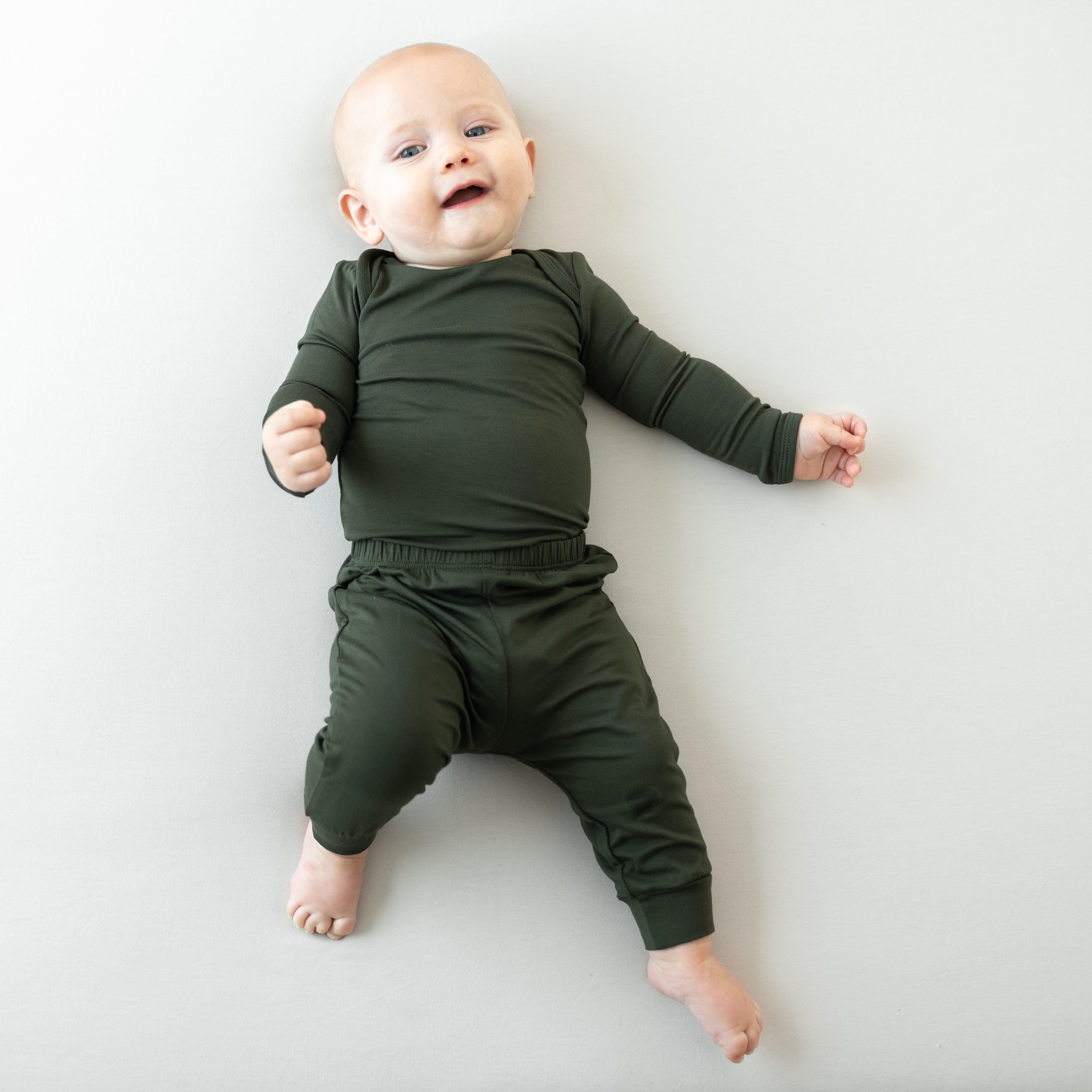 Baby wearing Pant in Fir and matching long sleeve bodysuit