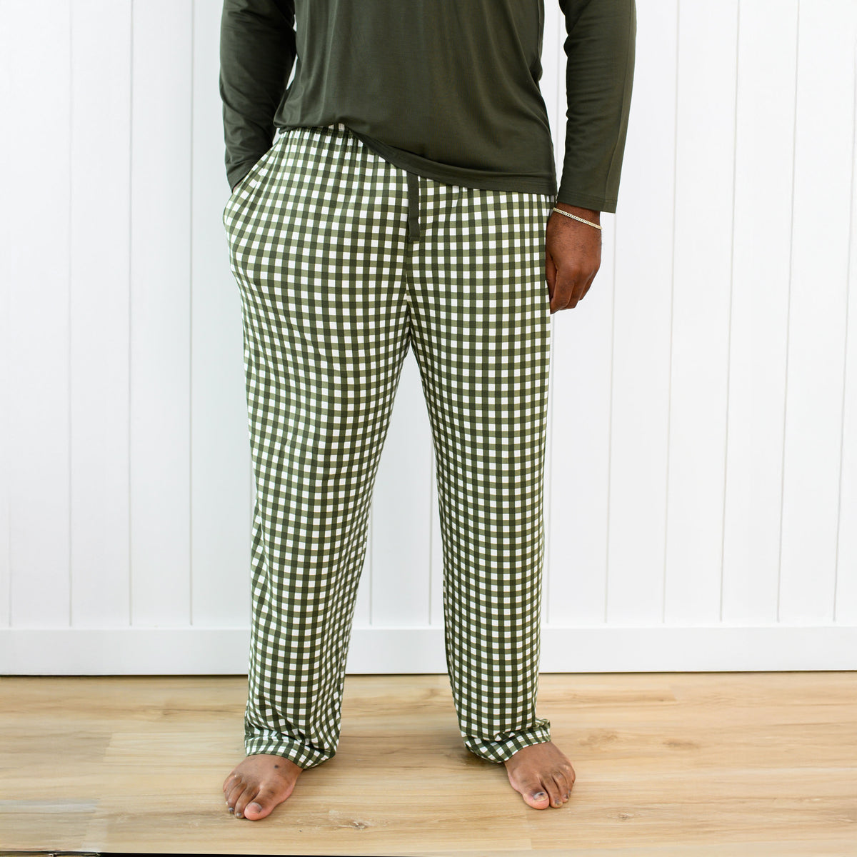 Men's Lounge Pants in Gingham Fir shown no a male model