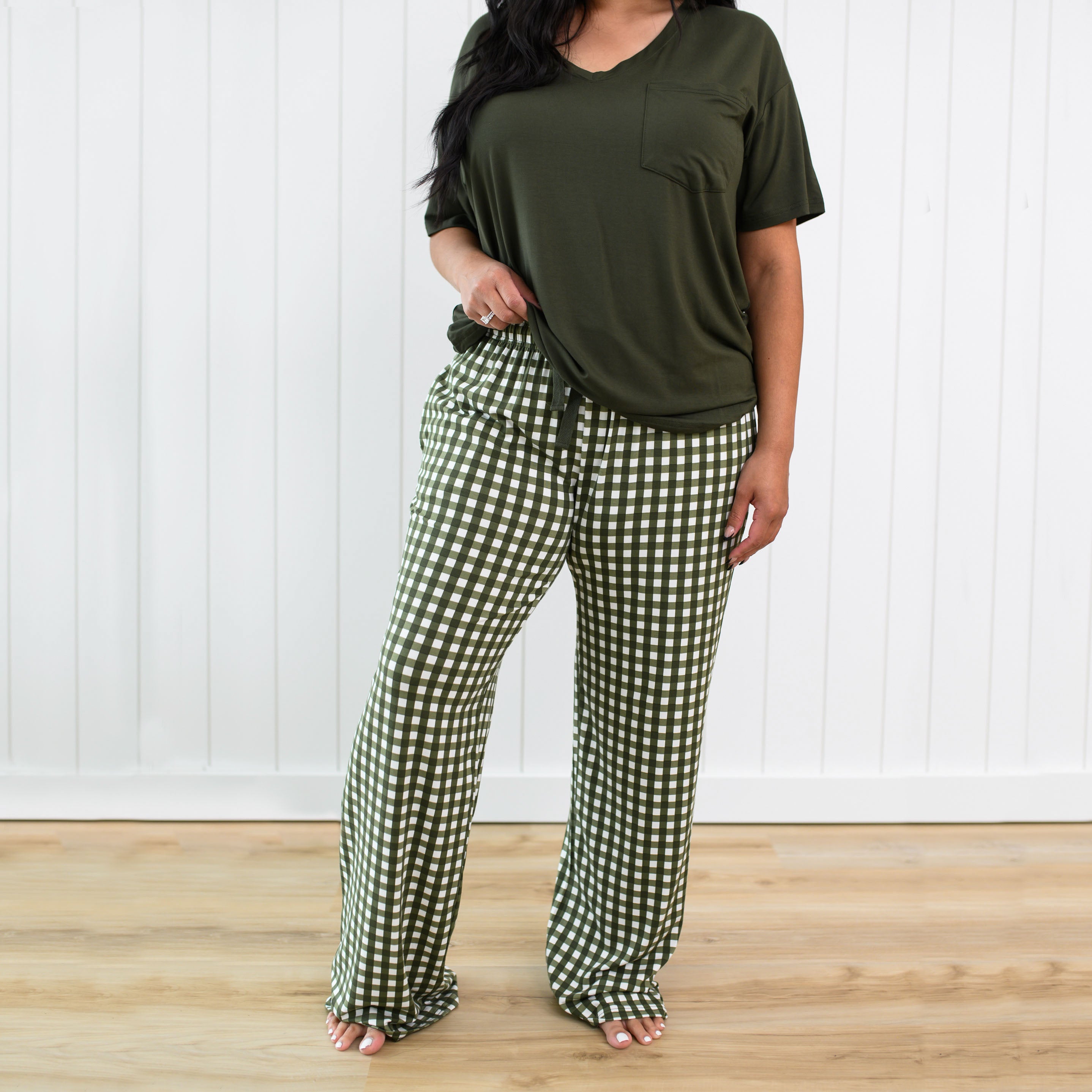 Women's Lounge Pants in Gingham Fir shown on a female model