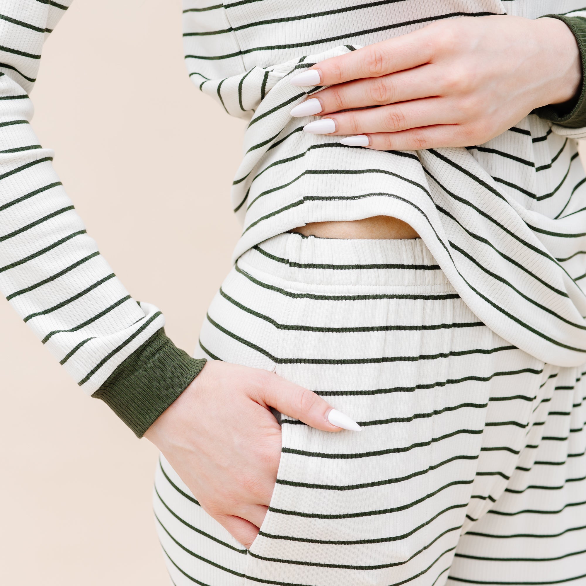 Close up of the elastic waistband and side pocket on the bottoms of the Women’s Ribbed Henley Set in Fir Stripe