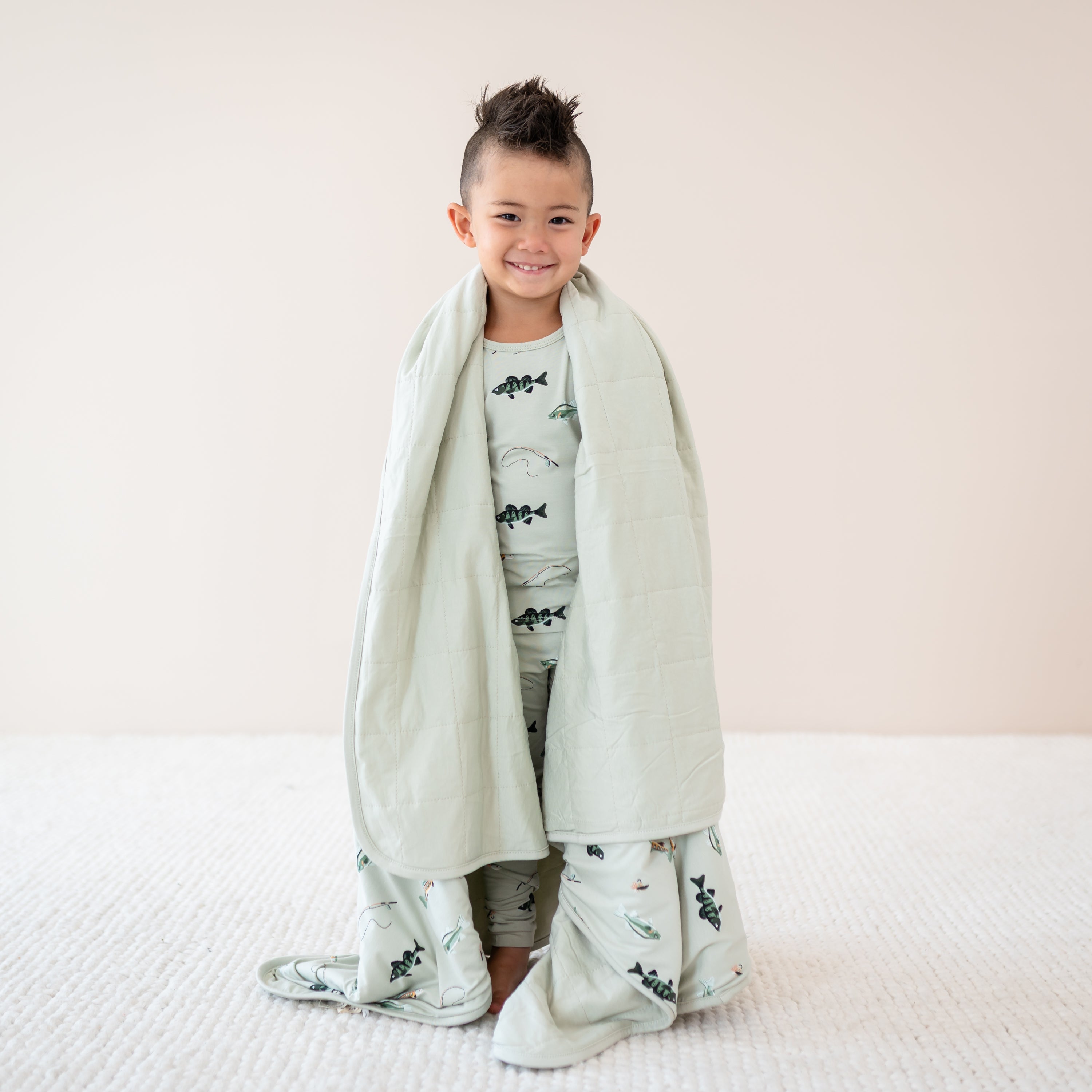 Toddler in Fishing Pajamas wrapped in Youth Blanket in Fishing 2.5