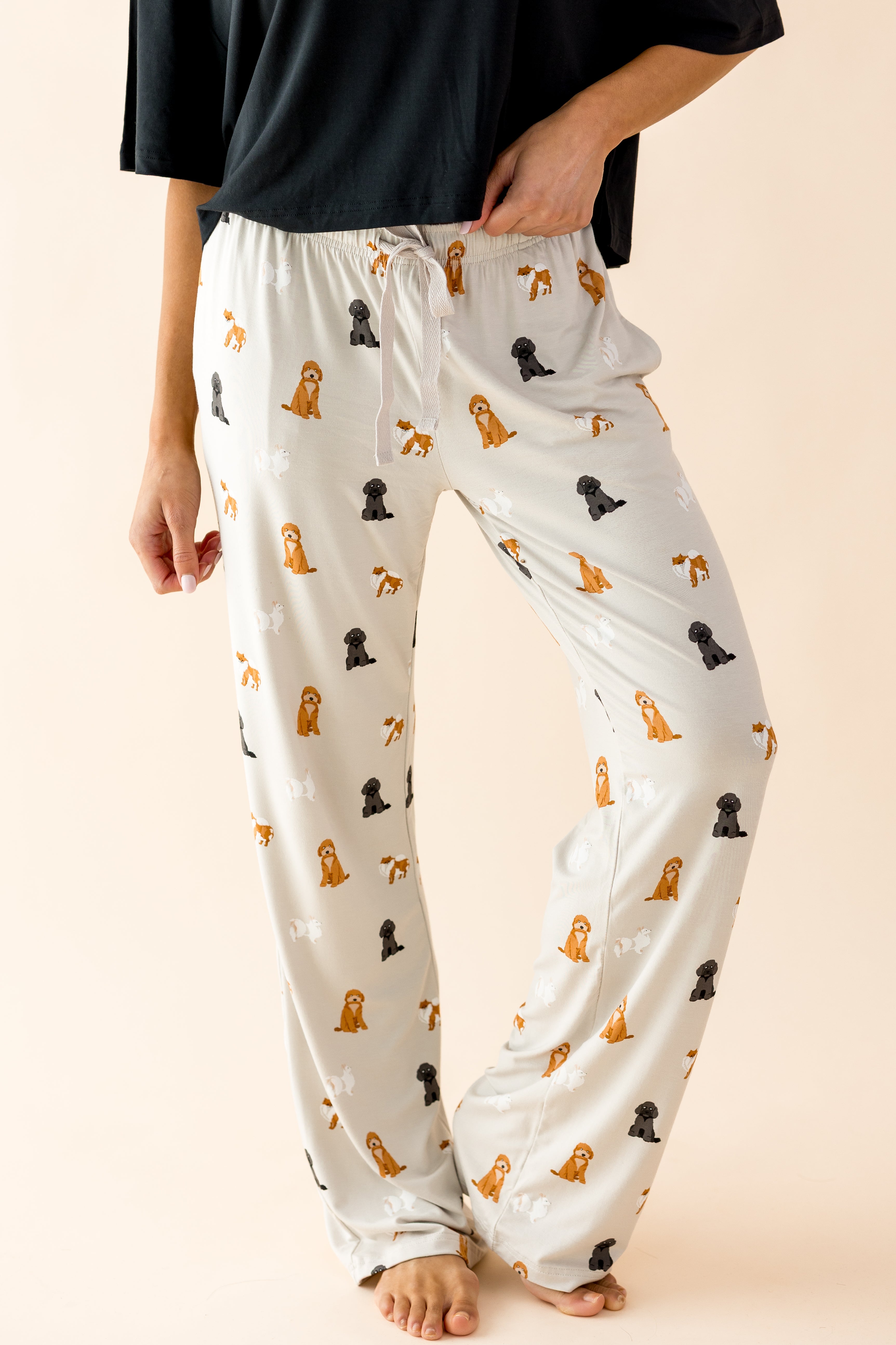 Women's Lounge Pants in Fluffy Dog shown on a model