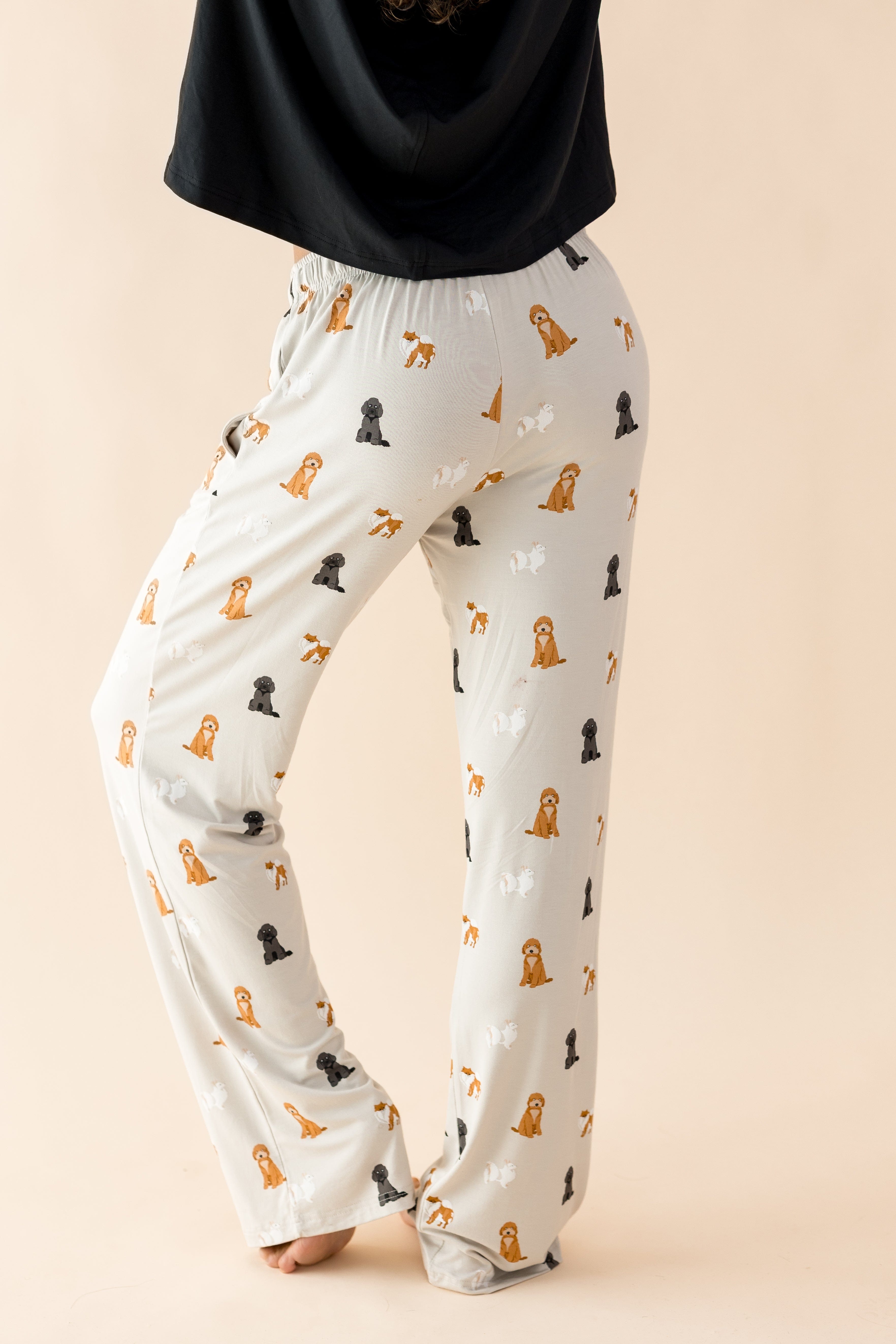 The back of the Women's Lounge Pants in Fluffy Dog shown on a female model