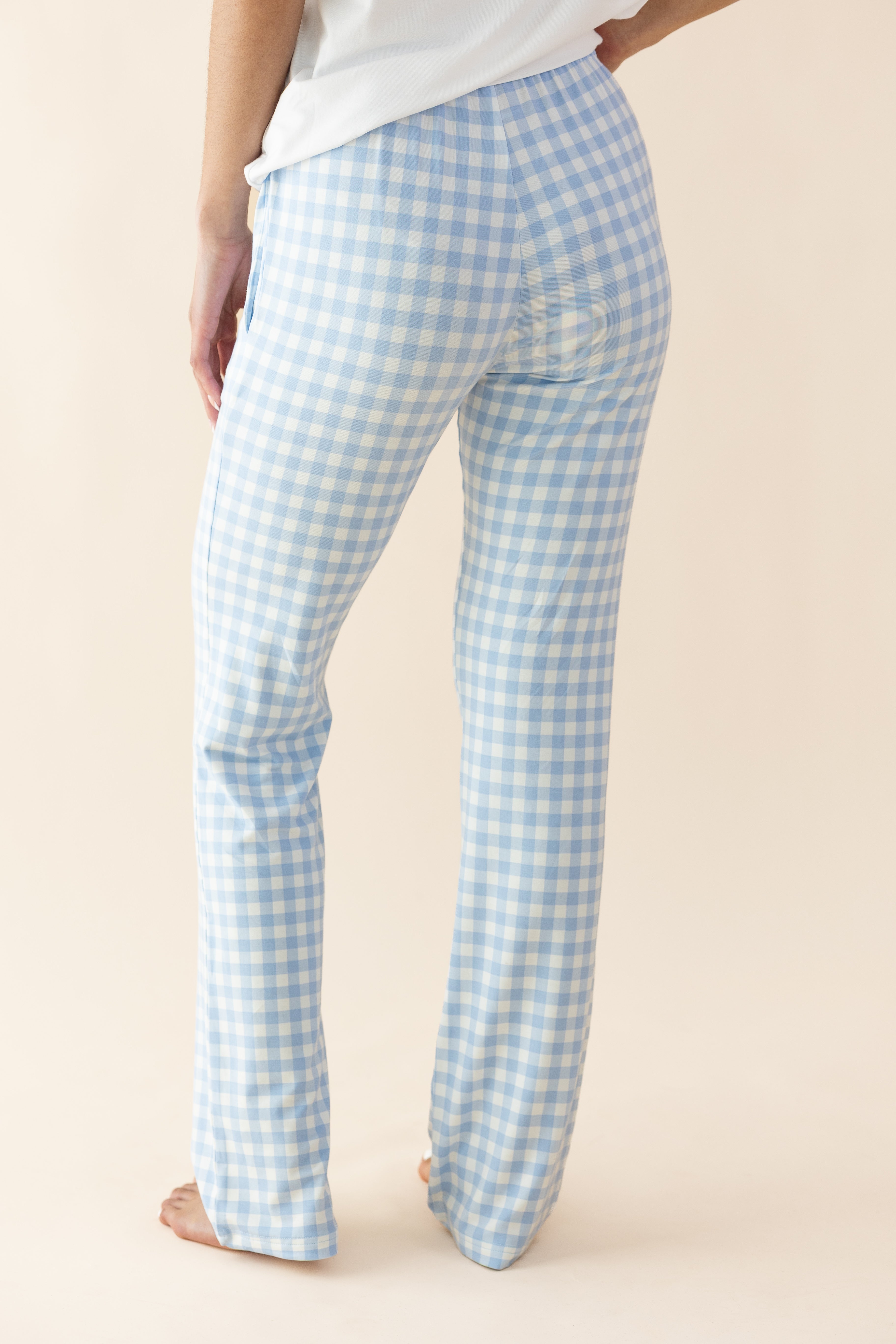 The back of the Women's Lounge Pants in Gingham Breeze shown on a model