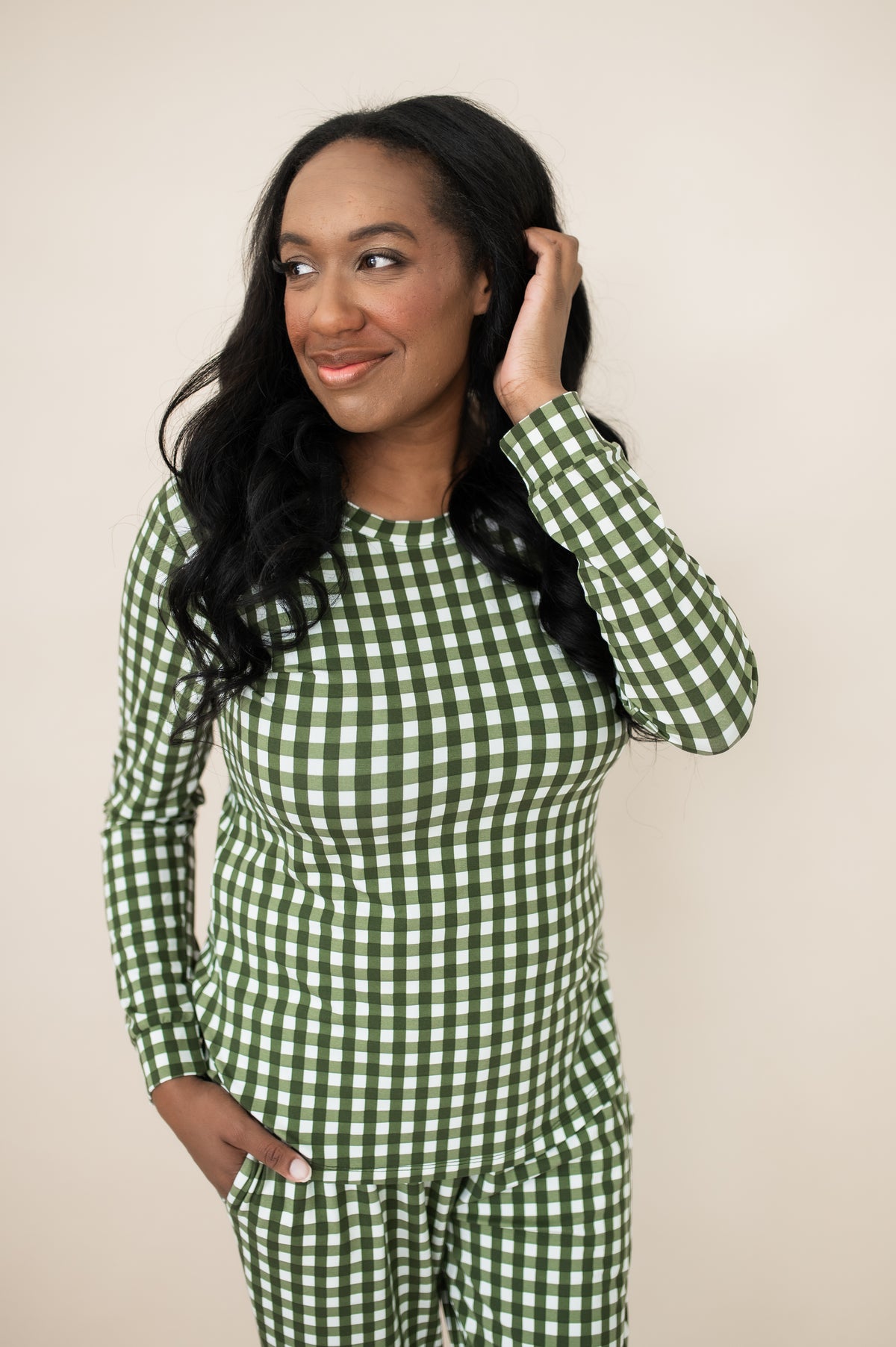 Close up of the Women's Jogger Pajama Set in Gingham Fir shown on a model