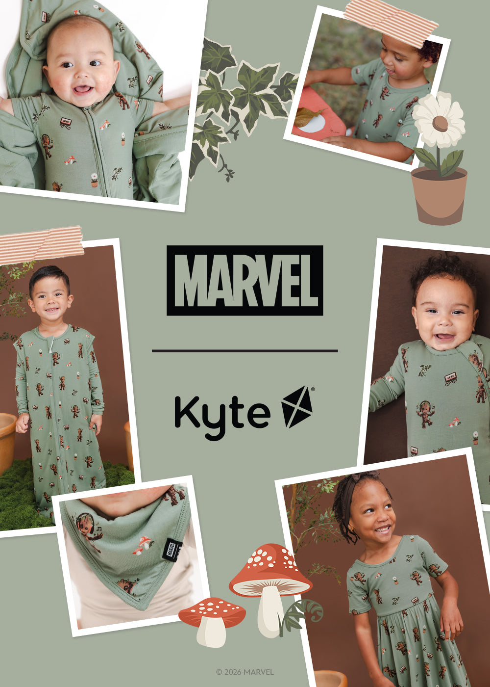 A promotional collage for the Marvel x Kyte baby collection, featuring multiple photos of a baby wearing a sage green dress with a whimsical character print, along with a matching bandana and hooded wrap. The central logo displays 'MARVEL' and 'Kyte' on a muted sage green background decorated with illustrations of mushrooms and leaves.