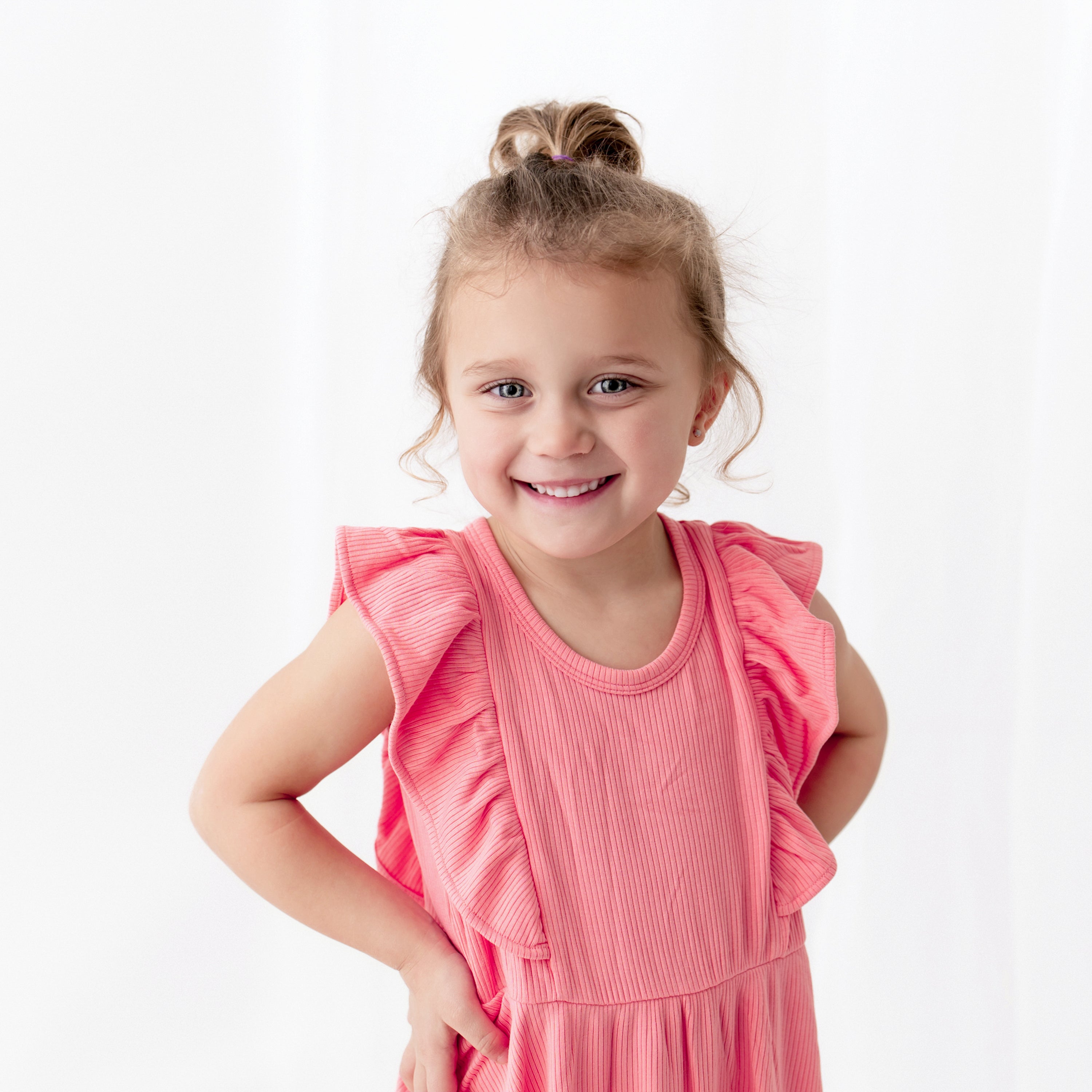 Flutter Sleeves on Ribbed Peplum Dress Set in Guava Punk