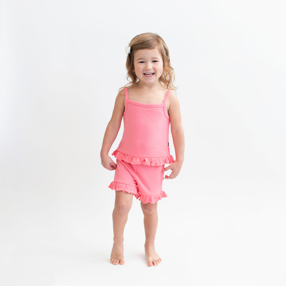 Toddler wearing Ribbed Ruffle Tank Set in Guava