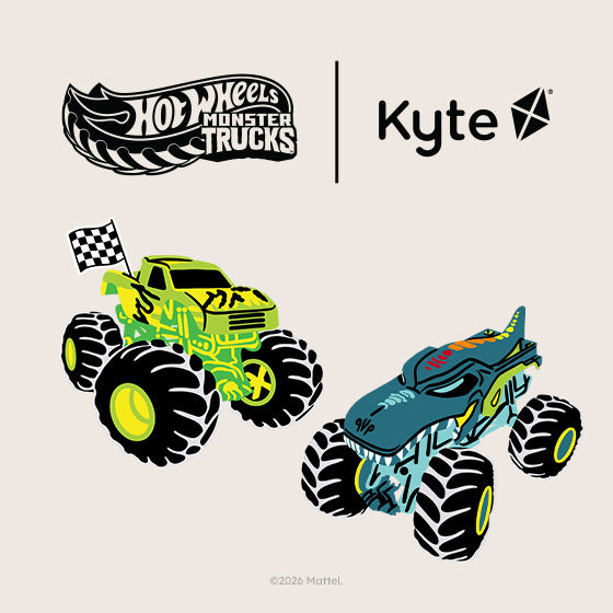 Two toy monster trucks with Hot Wheels and Kyte logos on a beige background.