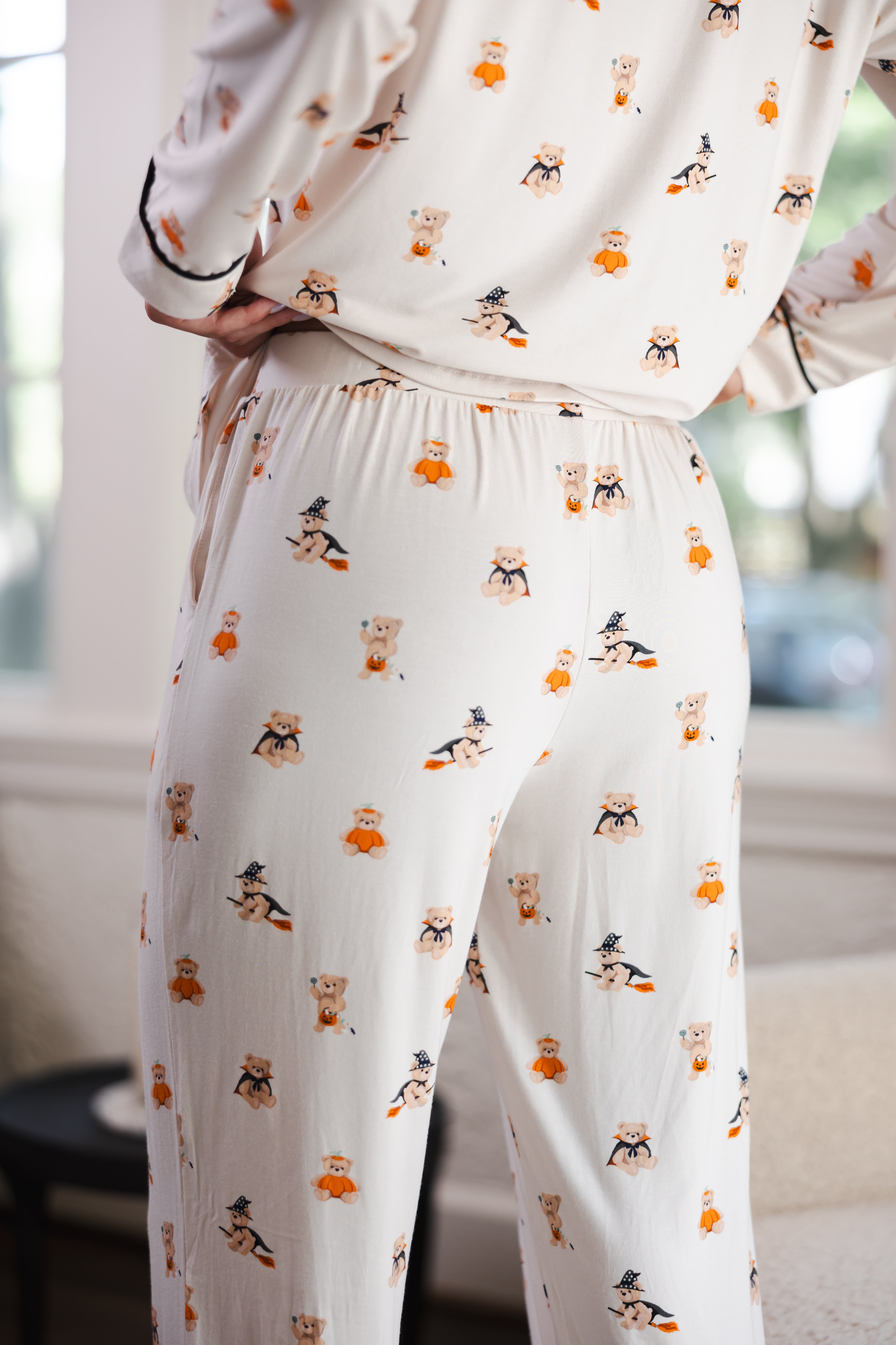Modal showcasing backside of Beige Long-Sleeved Women's Pajama Set in Halloween Teddy