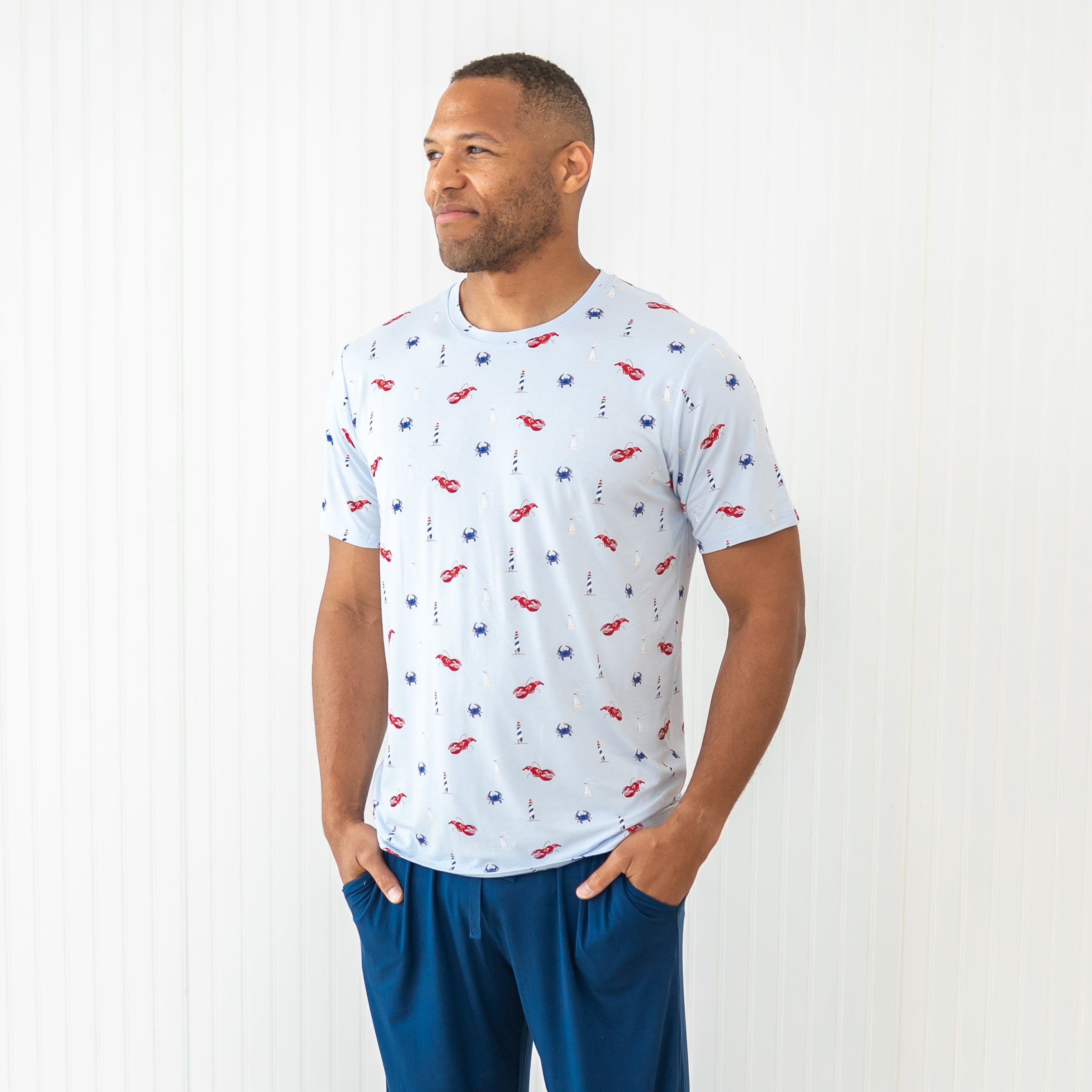 Close up of male model wearing the Men's Crew Neck Tee in Harbor