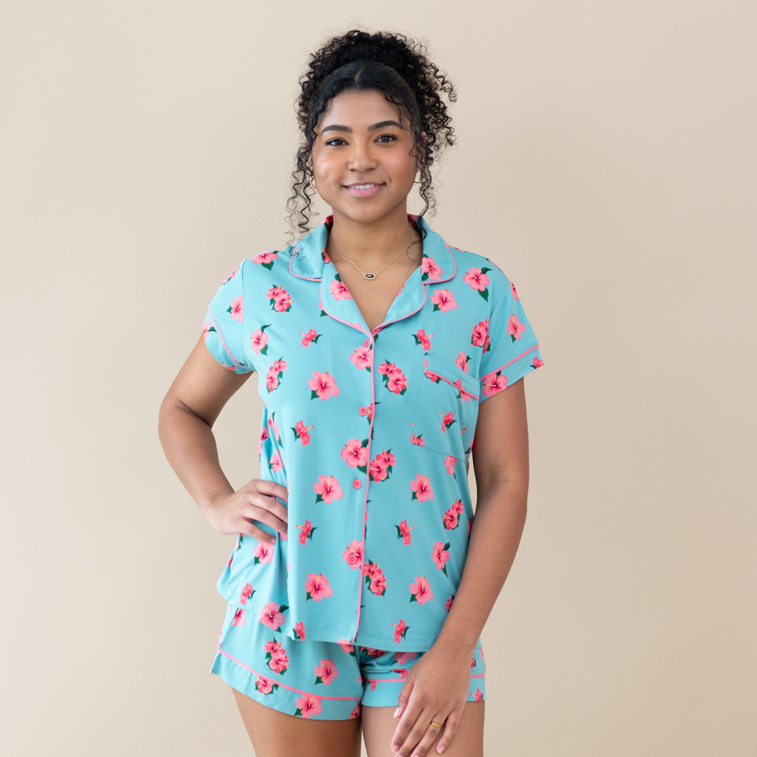 Woman modeling Women’s Short Sleeve Pajama Set in Hibiscus