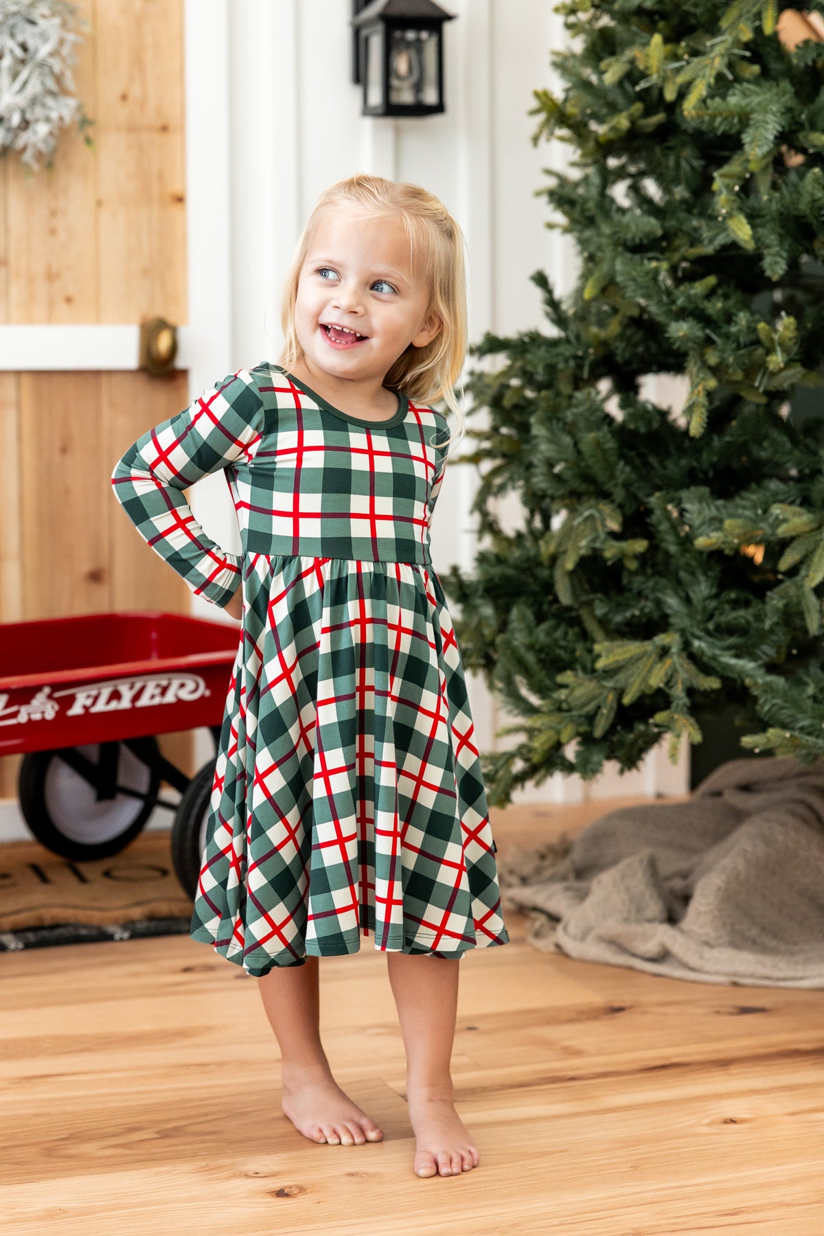 Long Sleeve Twirl Dress in Holiday Plaid