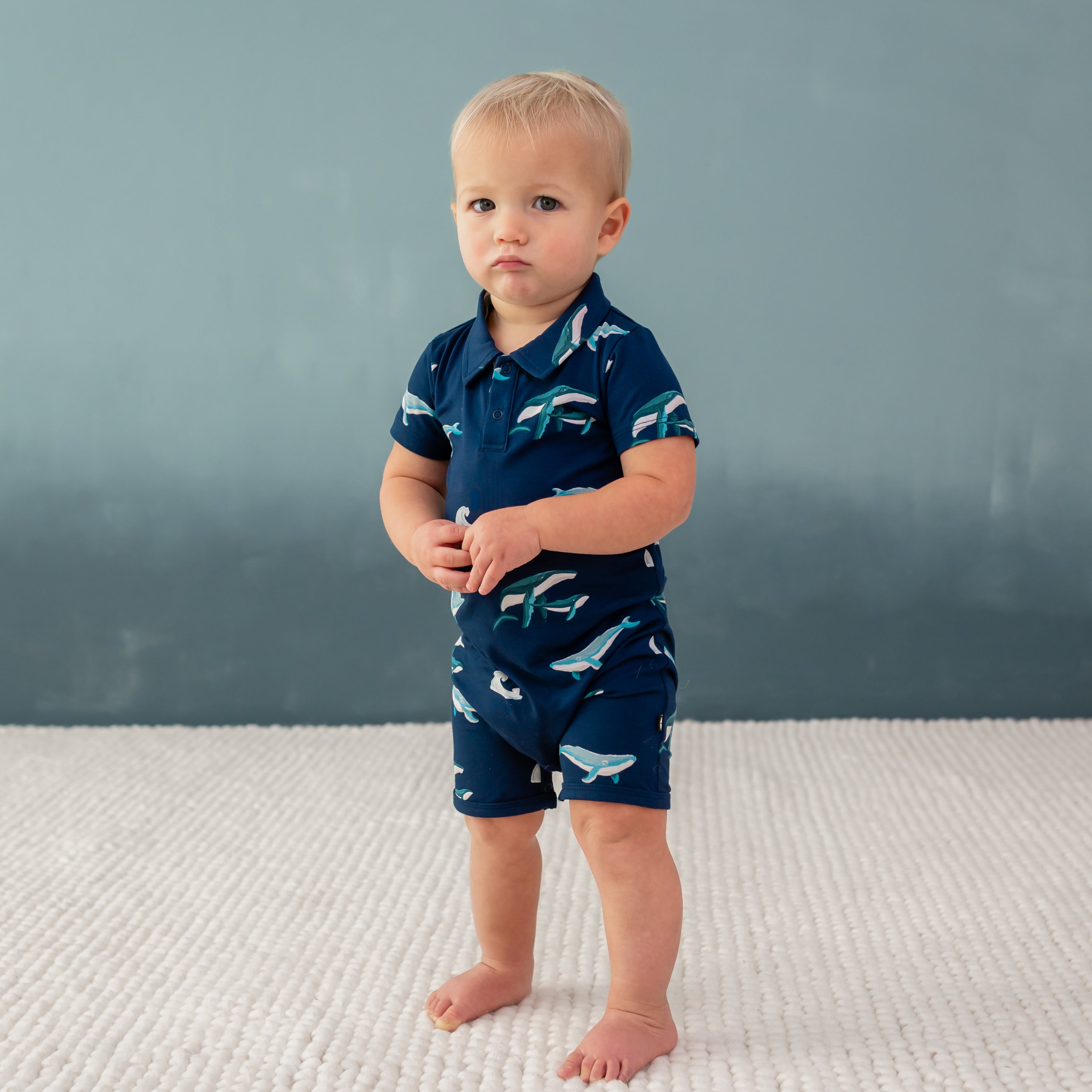 Toddler wearing Polo Short-all in Humpback whale print