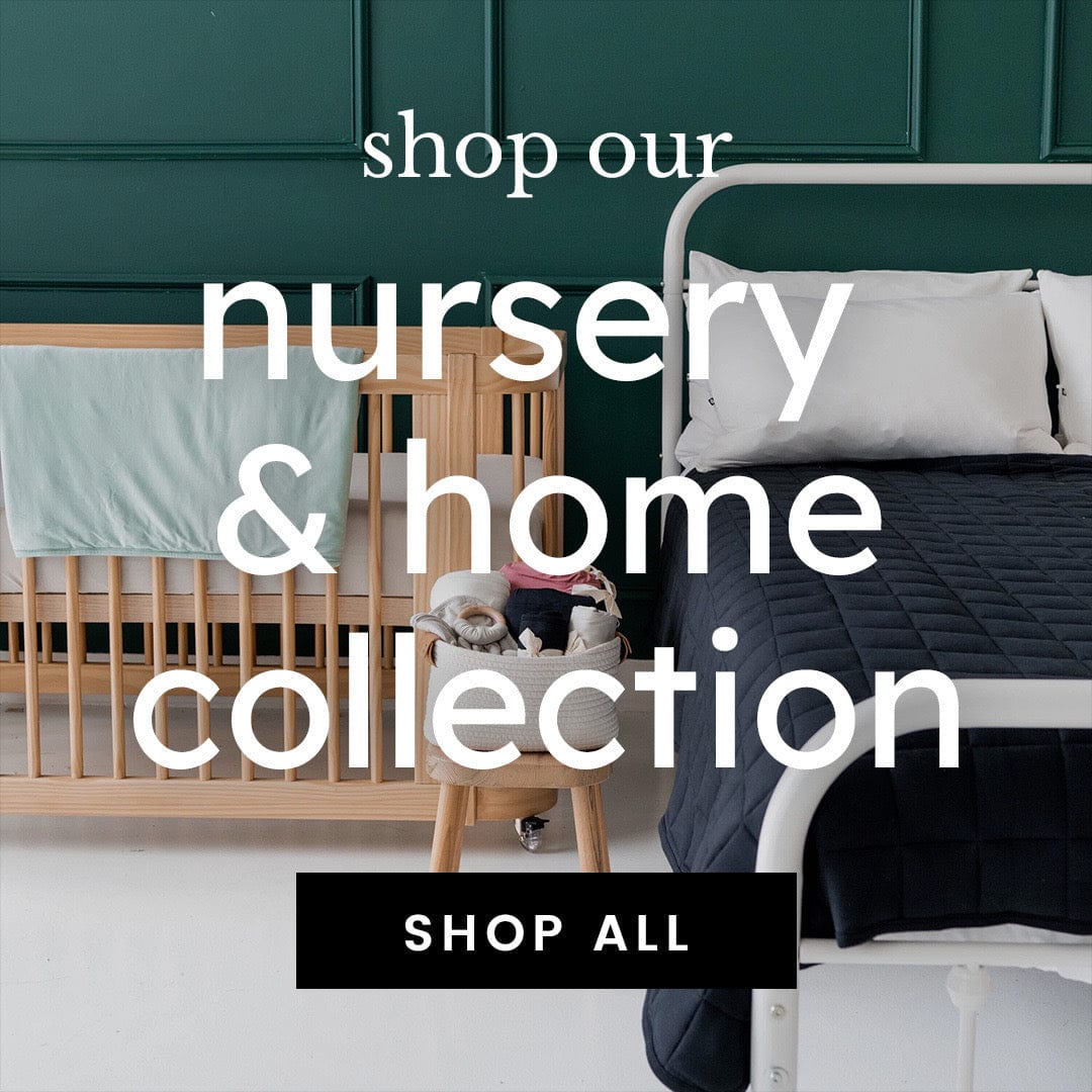 image of a crib and bed with text that says shop our nursery and home collection. shop all