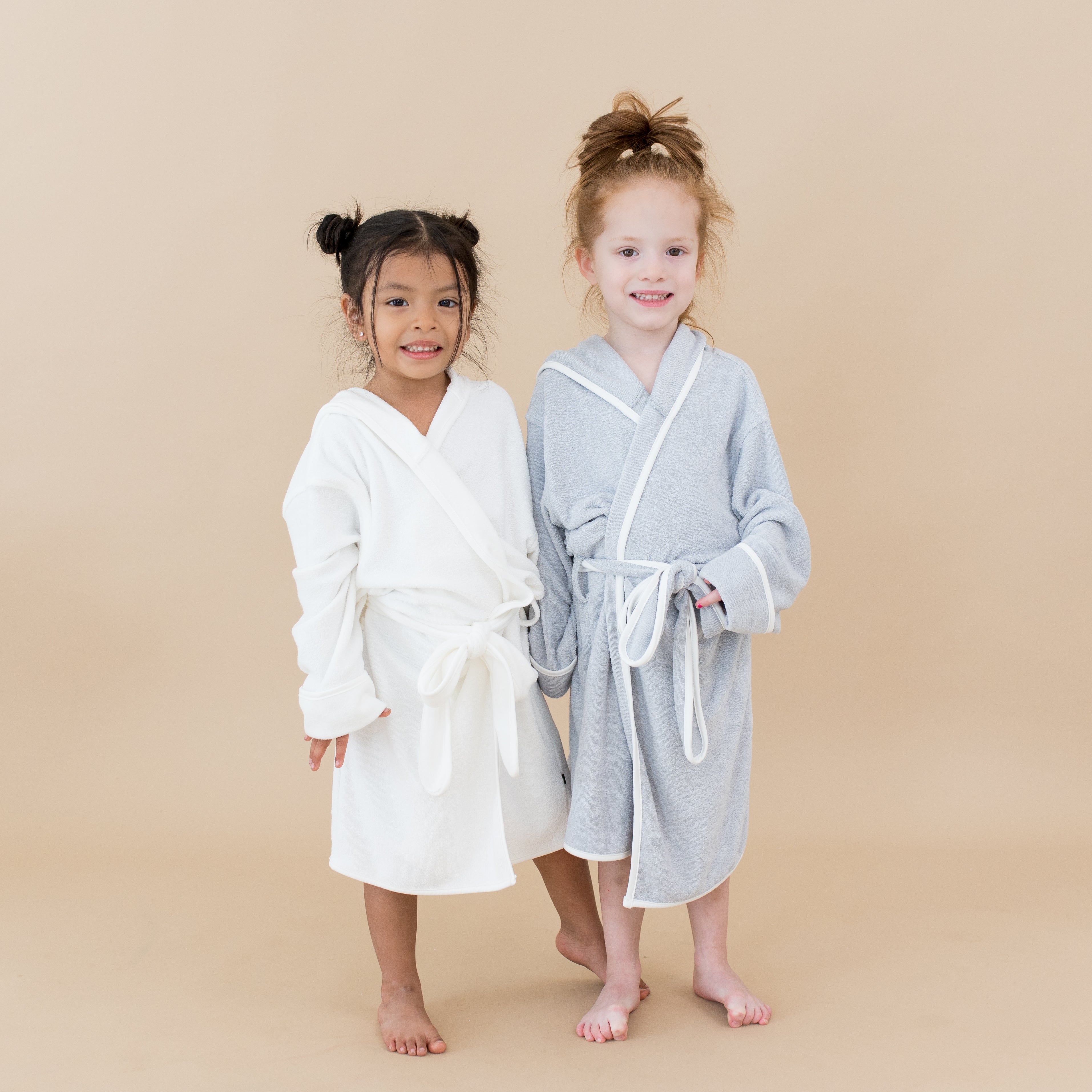 Kids wearing Hooded Bath Robes in White and Gray