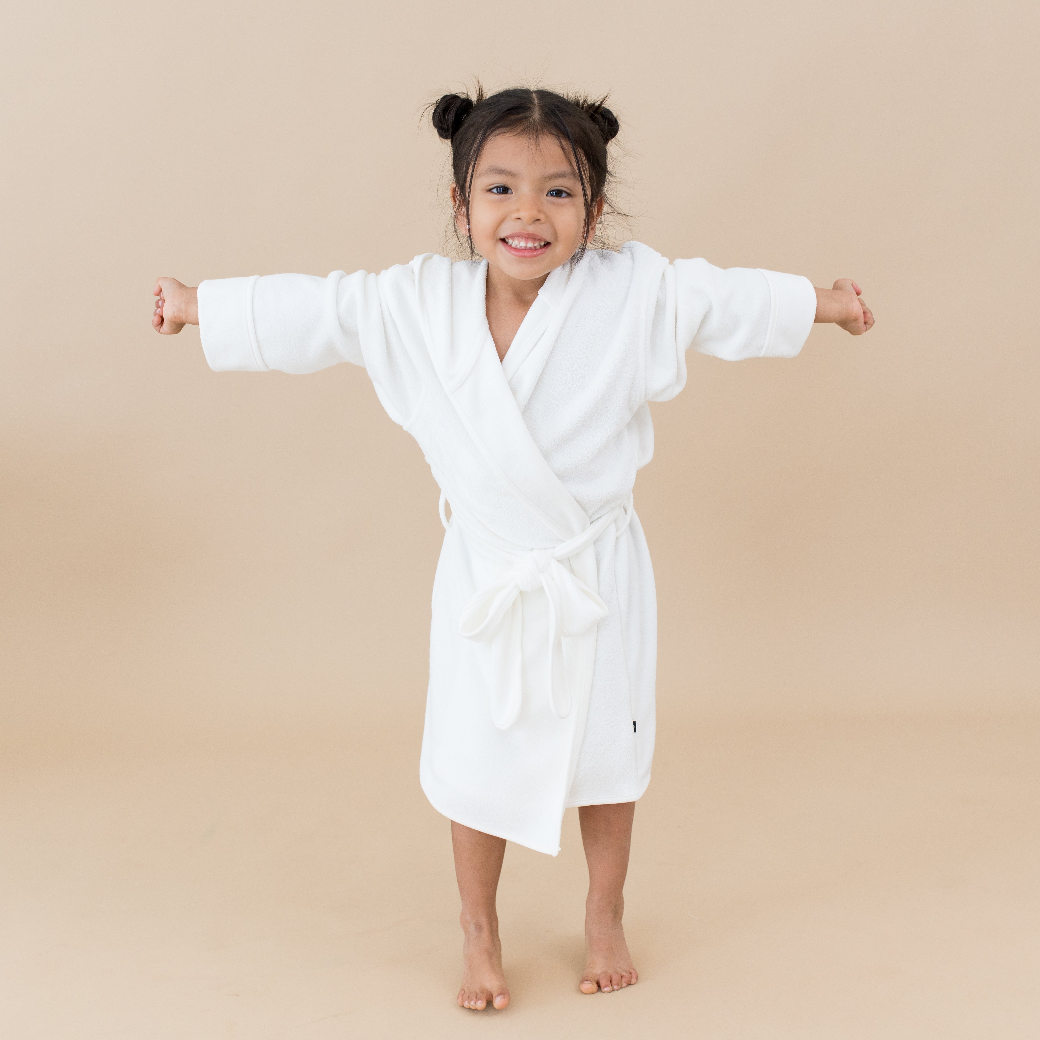 Girl wearing Hooded Bath Robe in Cloud