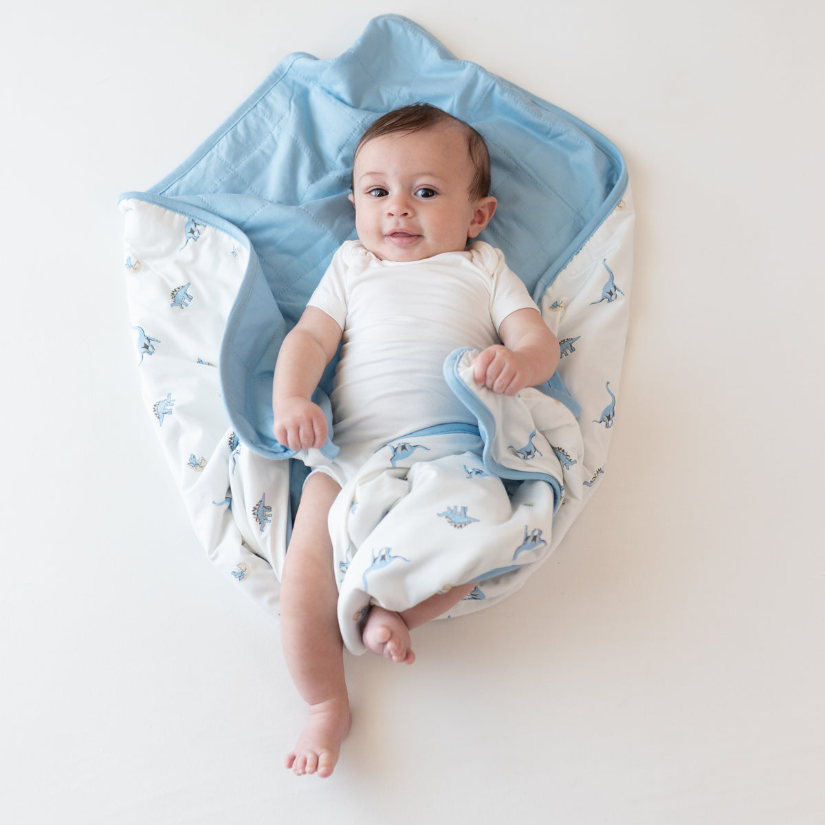 Baby in cloud bodysuit wrapped in Baby Blanket in Jurassic 1.0