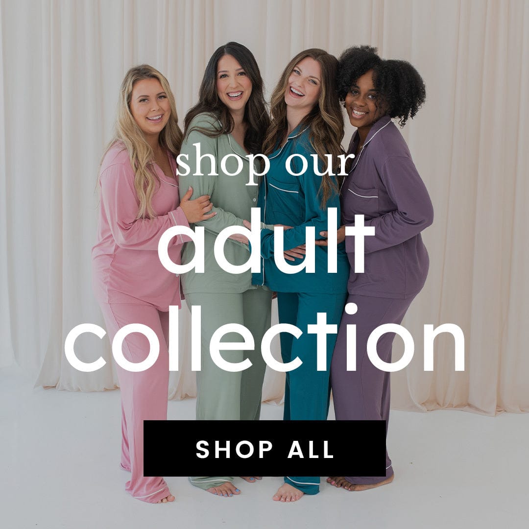image of women in pajamas with text that says shop our adult collection. shop all