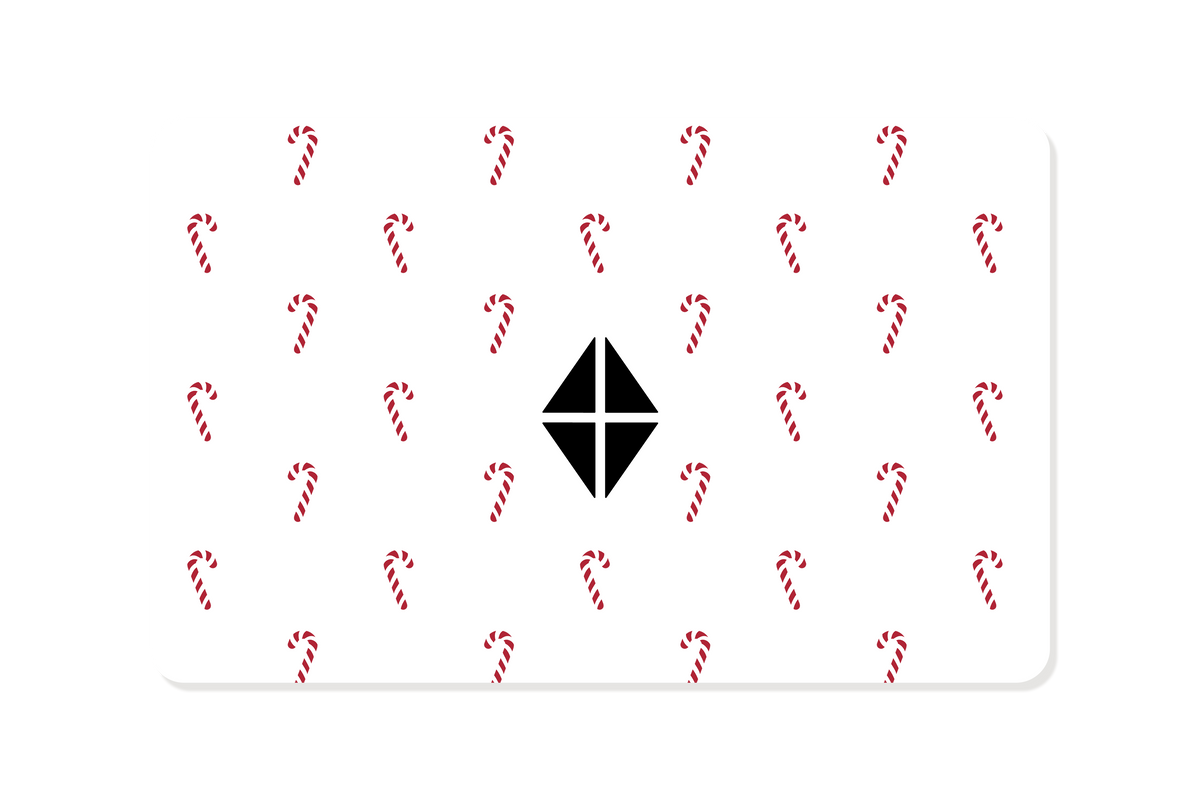 A white rectangular gift card with rounded corners, featuring a repeating pattern of small red-and-white candy canes and a large black Kyte logo in the center.