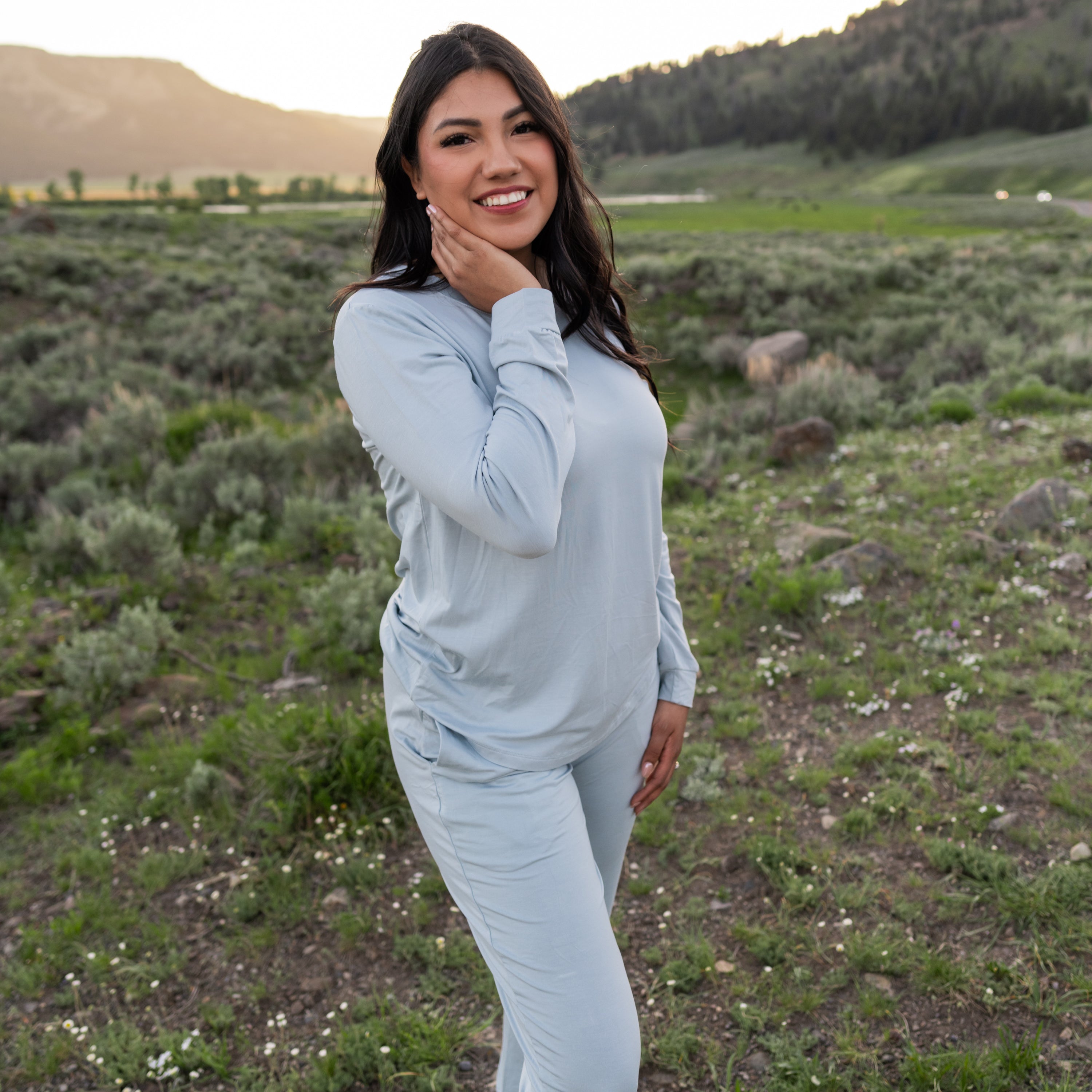 Woman modeling Women's Jogger Pajama Set in Fog at a National park
