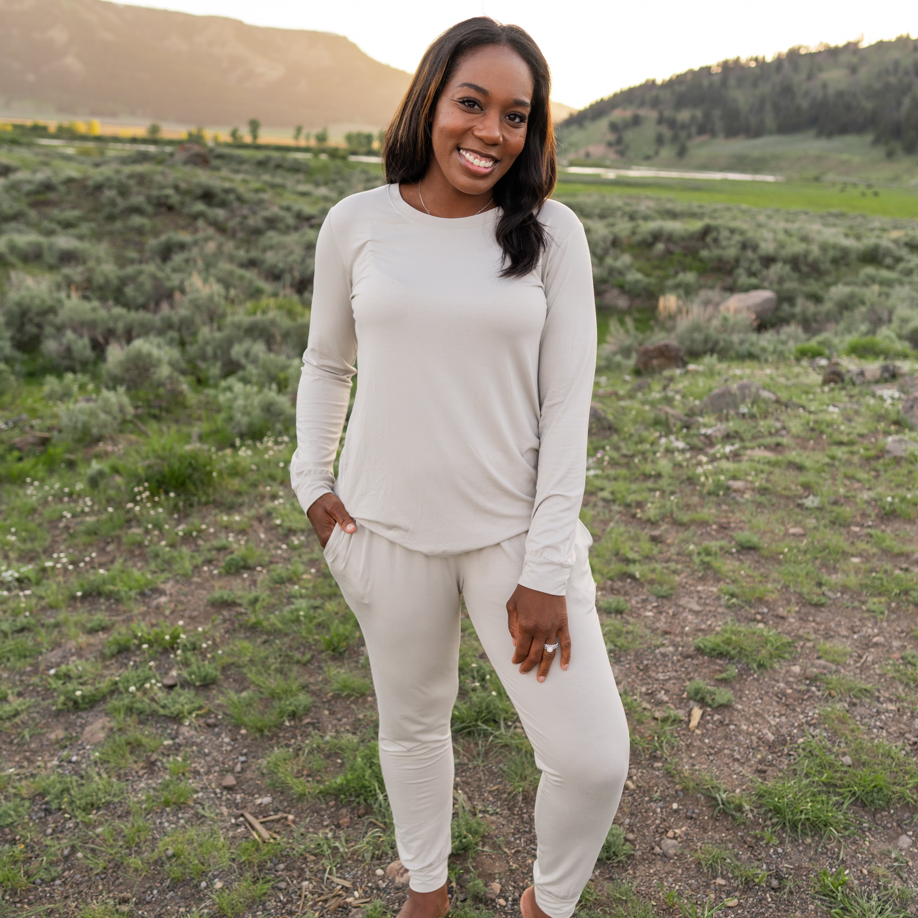 Woman wearing Women's Jogger Pajama Set in Oat at Yellowstone National Park
