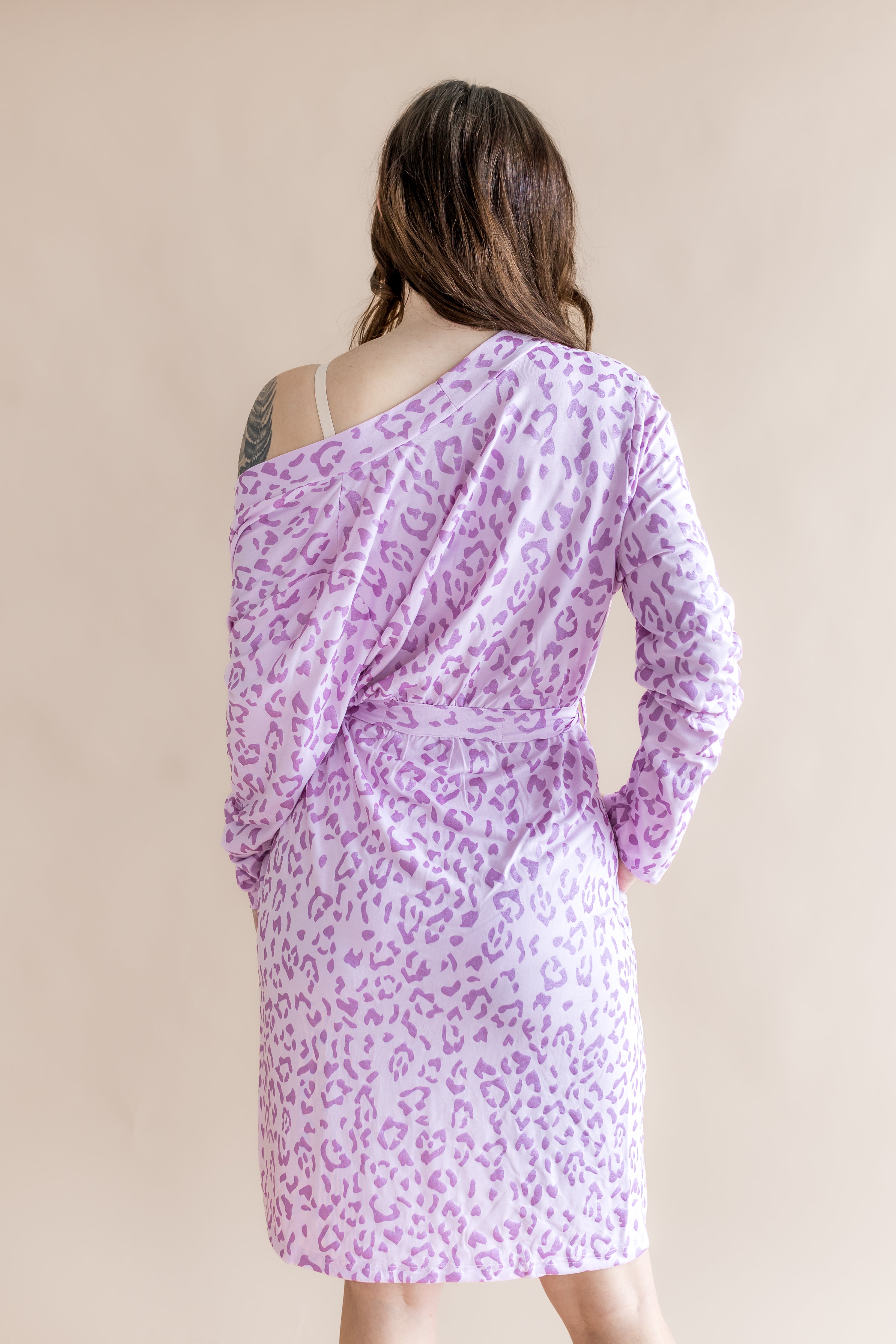 Back side of Women's lounge robe in Thistle Leopard print on a beige background
