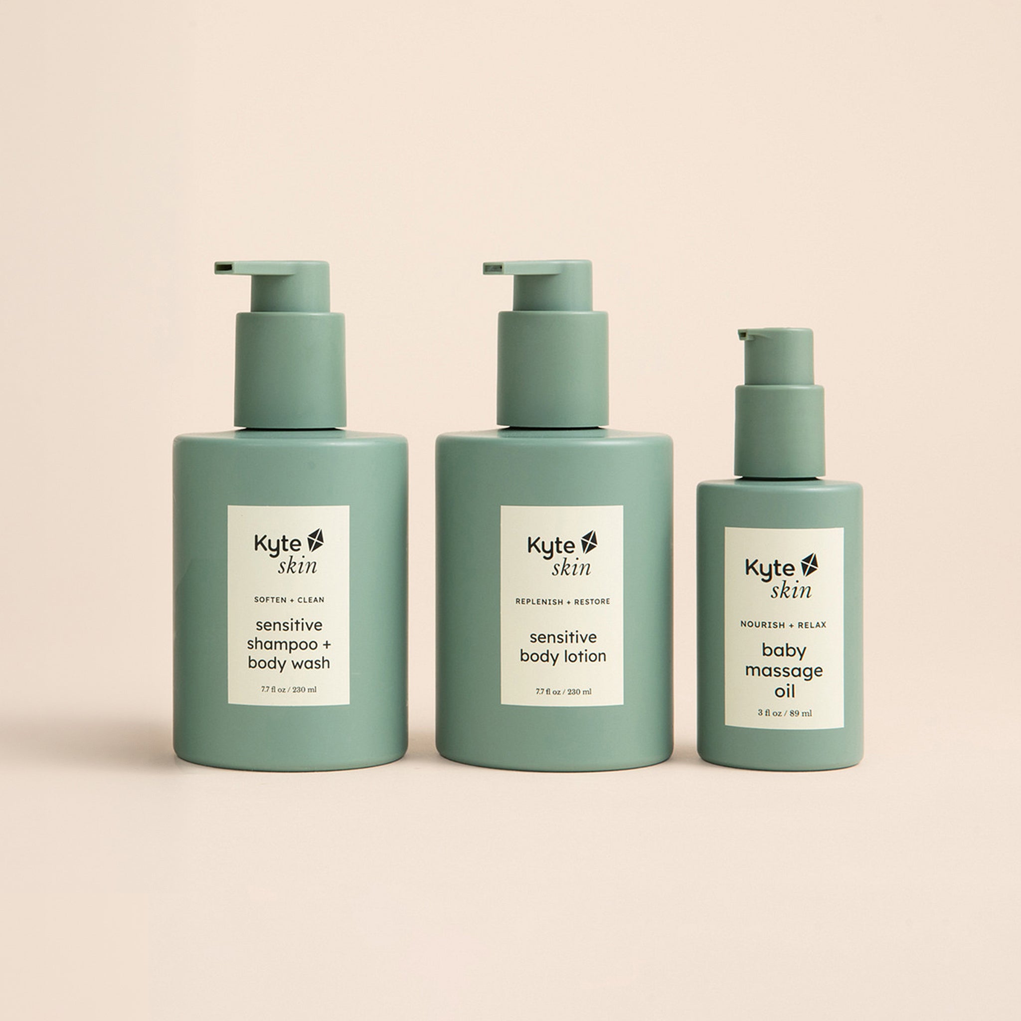 Three bottles of Kyle Skin products on a beige background